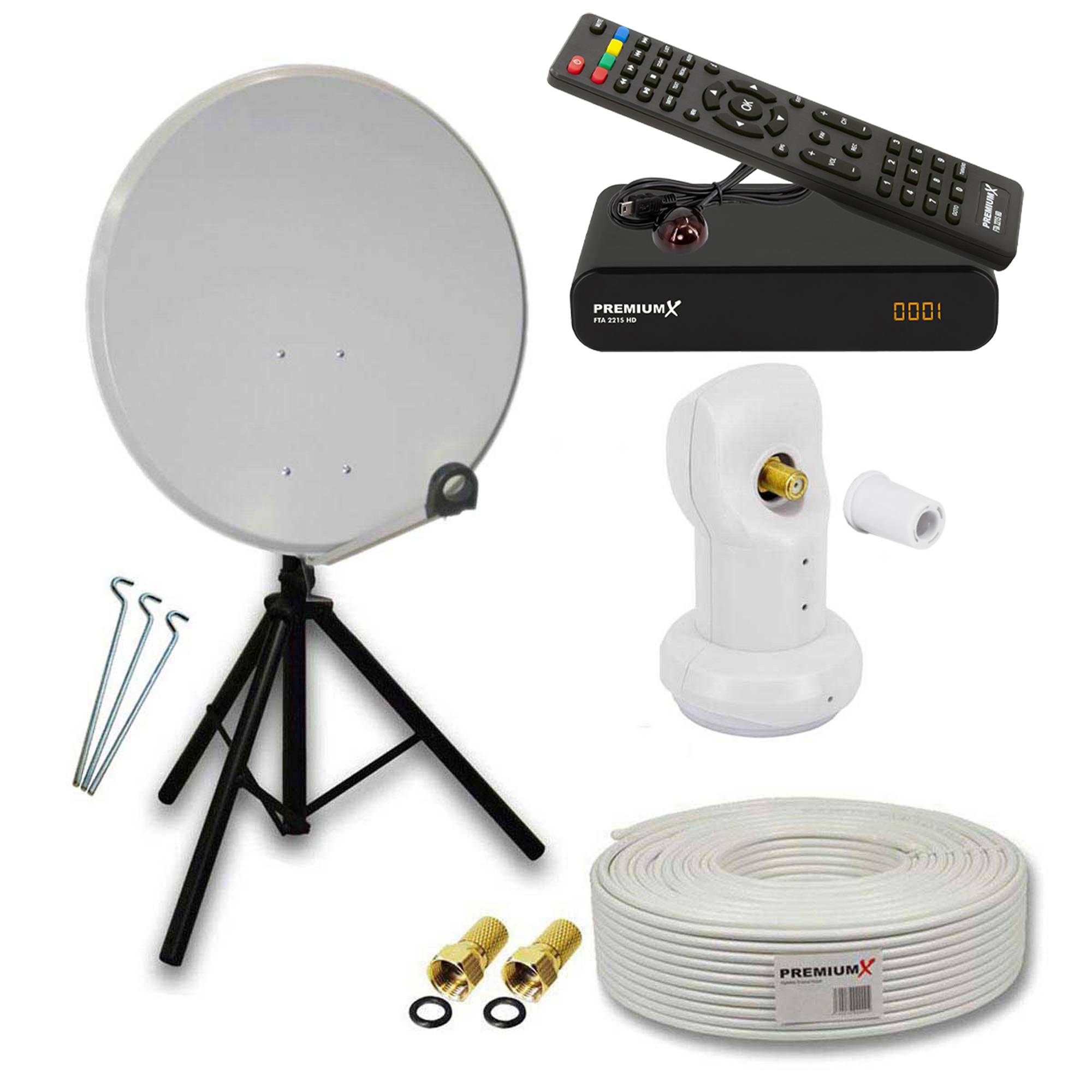 PremiumX Camping Satelliten-Komplettanlage 45cm Satelliten-Schüssel Hellgrau SAT Single LNB Dreibein-Stativ Kabel HD TV Receiver