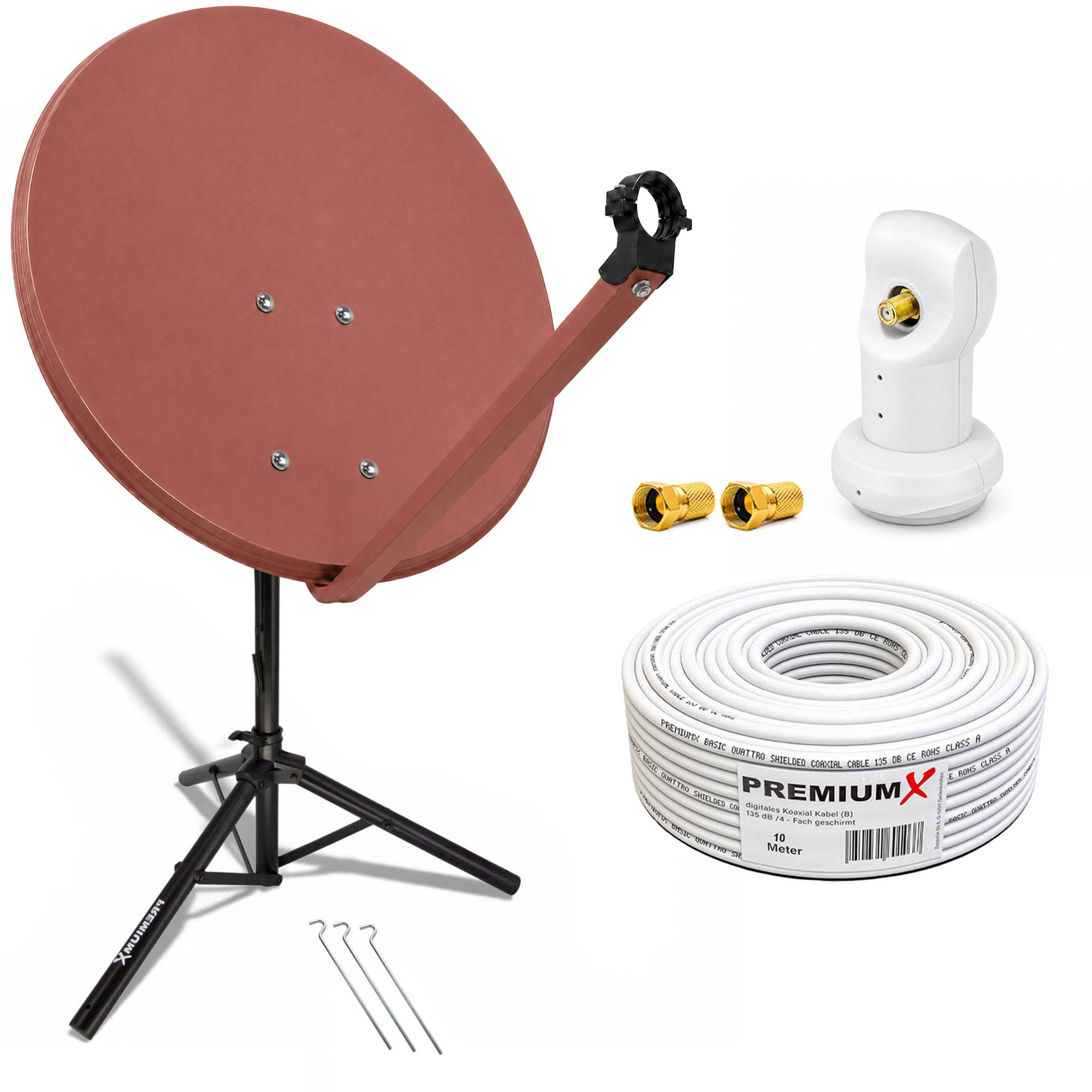Satellitenschüssel-Set mit Stativständer, Kabel, Steckverbindern und einer weißen Empfänger-/Antennenenheit.