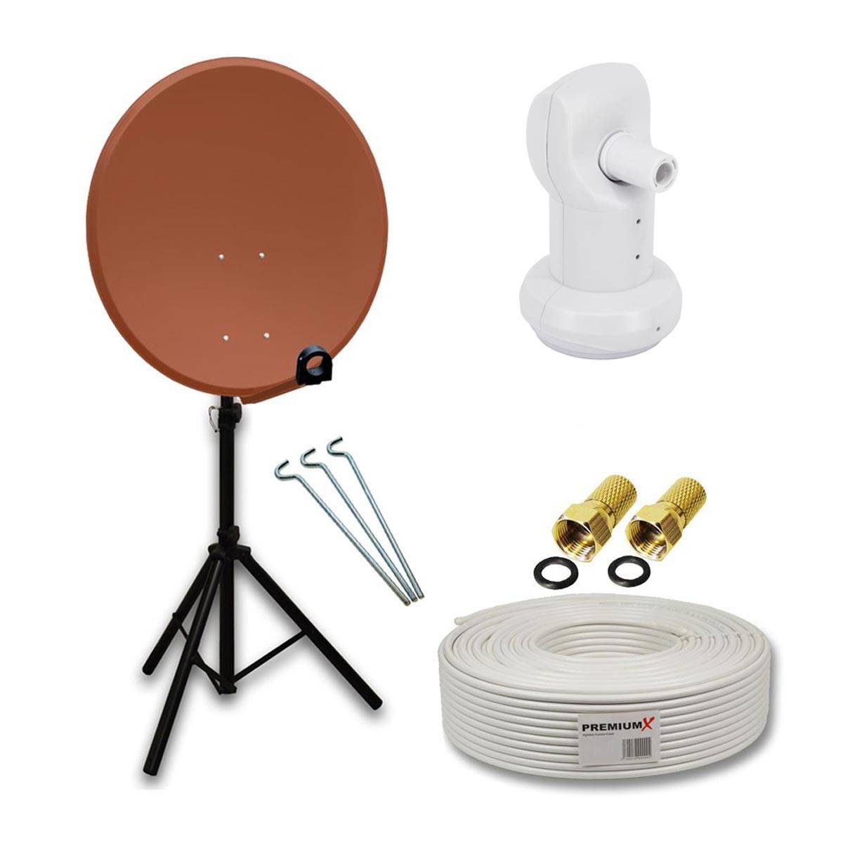 PremiumX Camping Satelliten-Komplettanlage 80cm Satellitenschüssel Aluminium Rot SAT Single LNB Kabel F-Stecker Dreibein Stativ