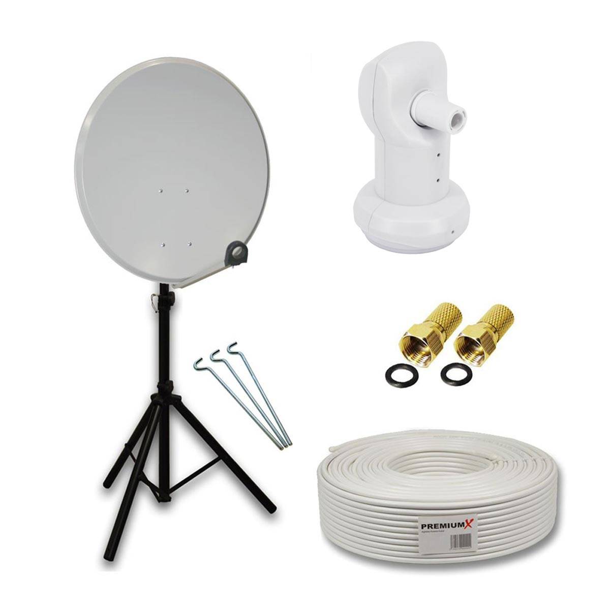 PremiumX Camping Satelliten-Komplettanlage 80cm Satellitenschüssel Aluminium SAT Single LNB 10m Kabel F-Stecker Dreibein Stativ