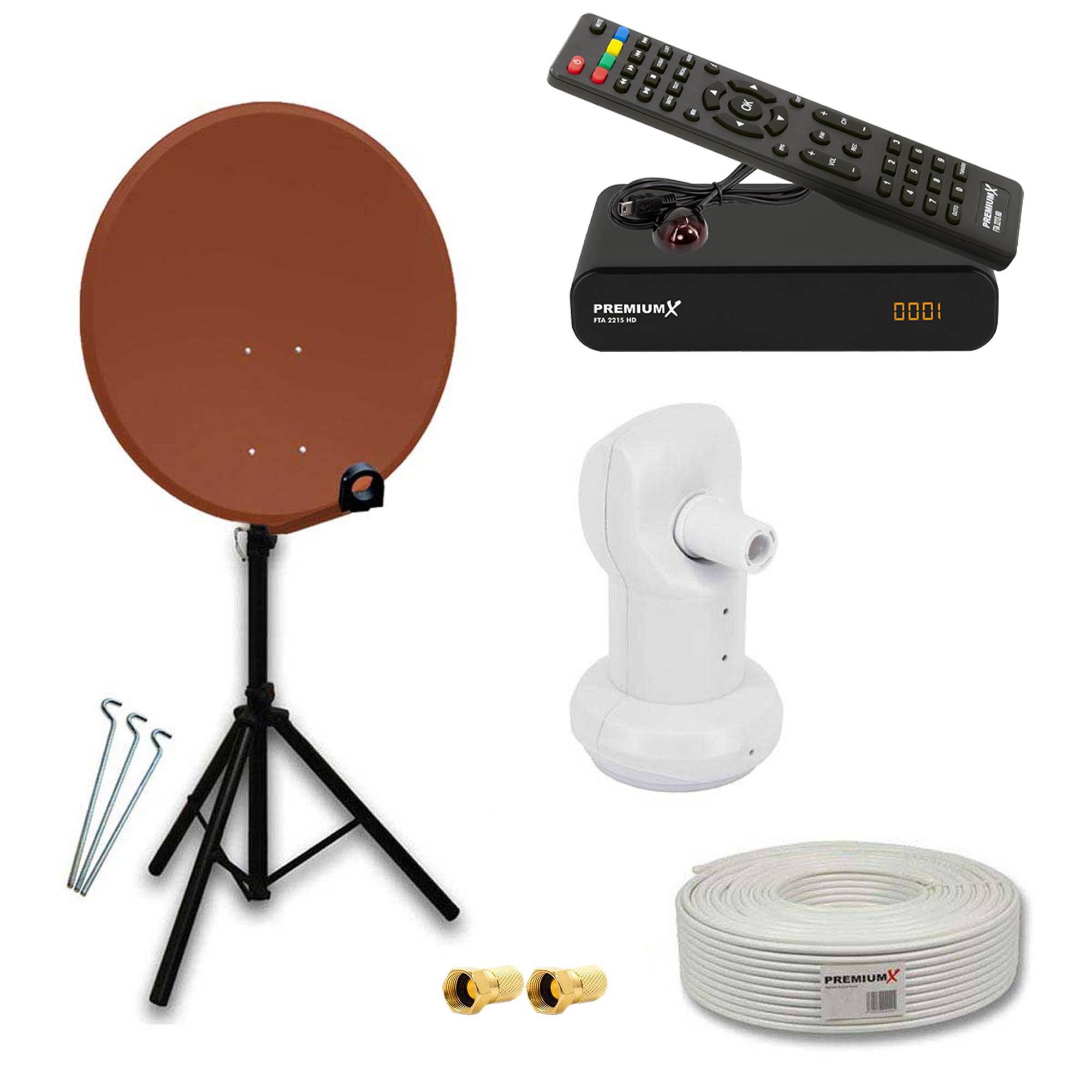 PremiumX mobile Satelliten-Komplettanlage 80cm Satellitenschüssel Aluminium Rot SAT LNB Dreibein-Stativ TV Kabel Satelliten-Receiver