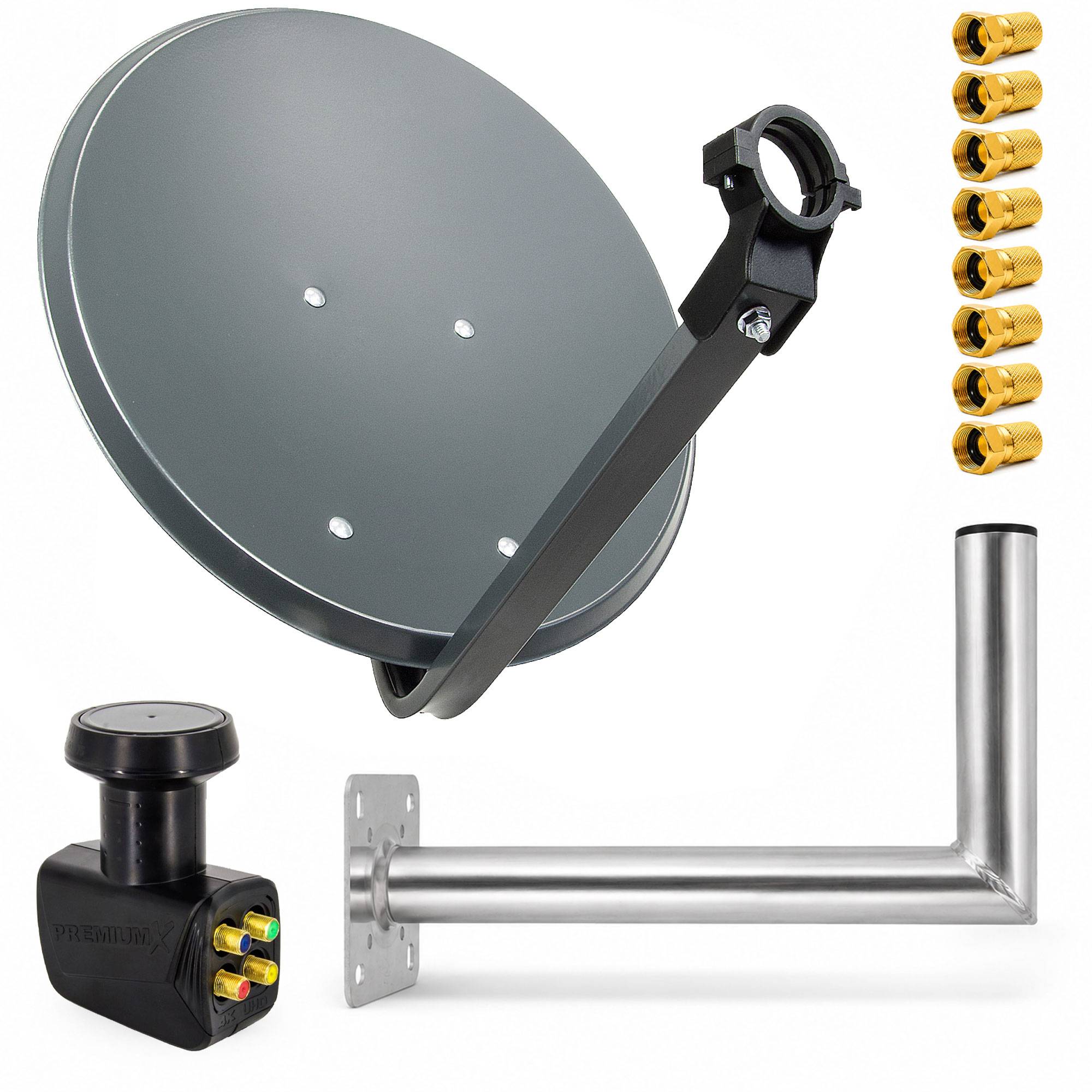 Montagekit für Satellitenschüsseln mit Schüssel, Arm, Wandhalterung und Steckverbindern auf weißem Hintergrund