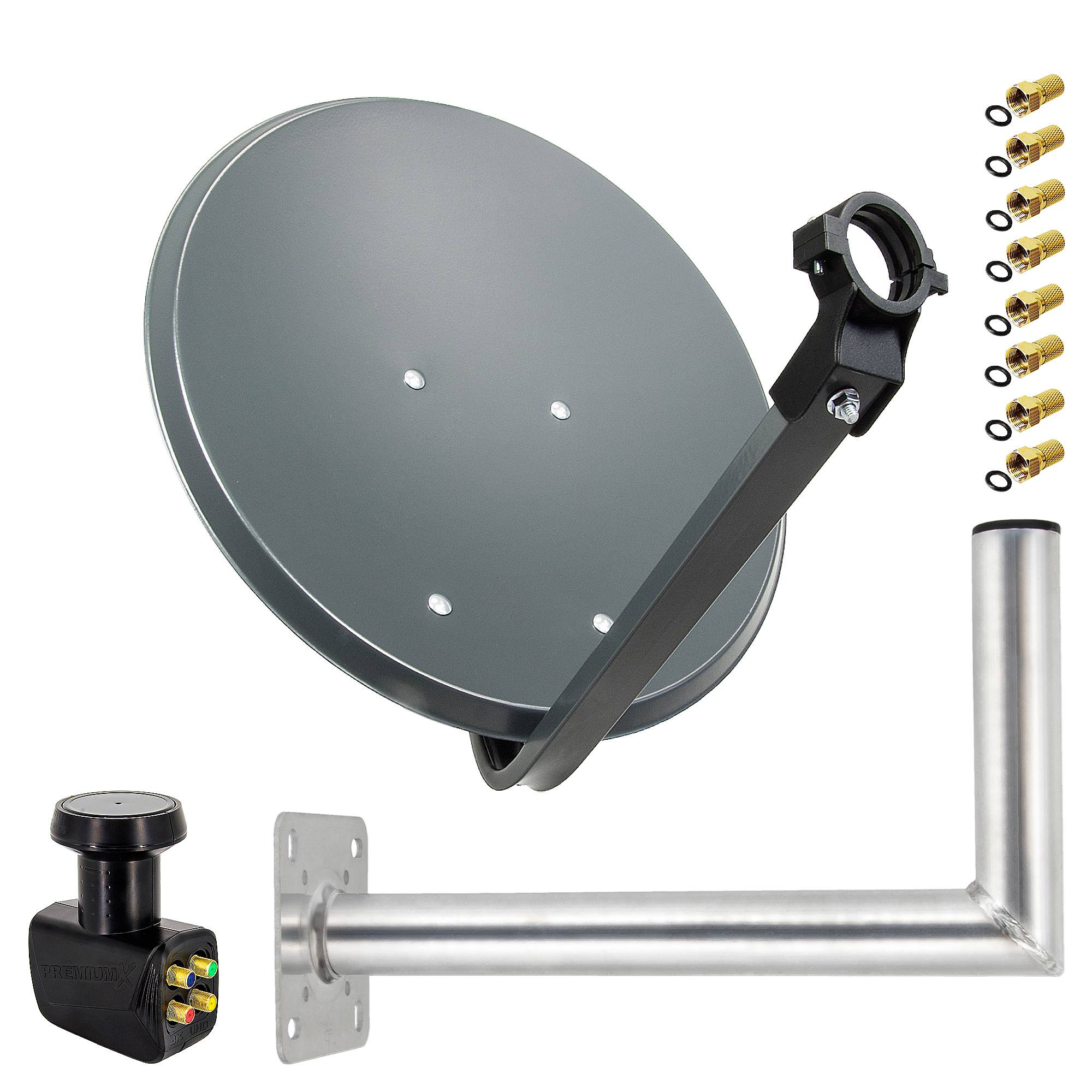 PremiumX Satelliten-Komplettanlage 45cm Anthrazit Antenne Satelliten-Schüssel SAT Quad LNB Wandhalter 45cm 4 TN 8x F-Stecker