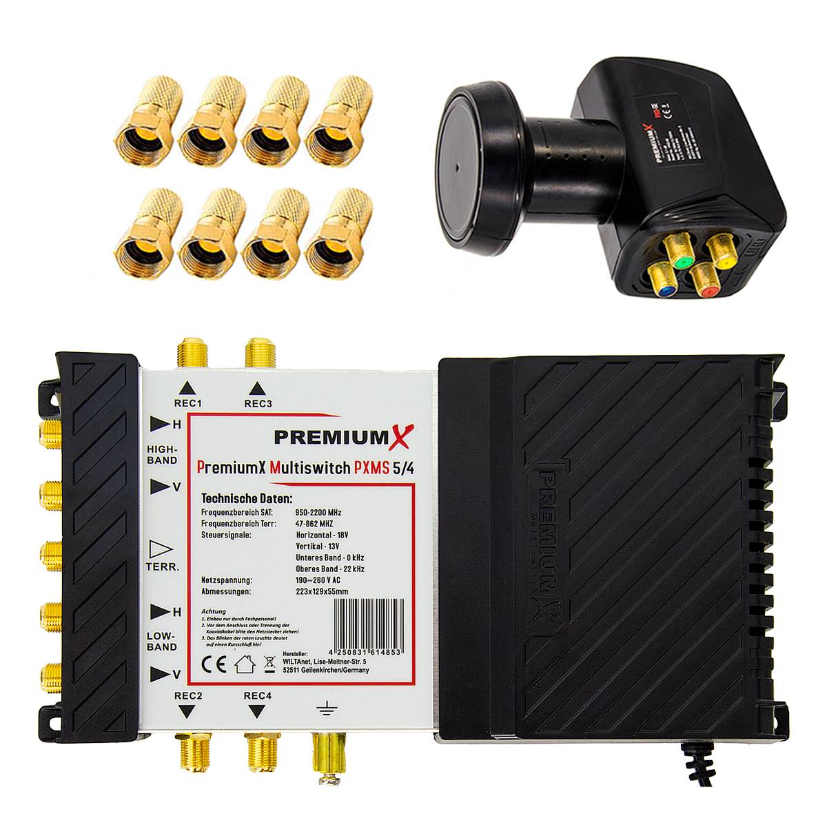 PremiumX Multischalter Set 5/4 Multiswitch Quattro LNB 8x F-Stecker, Satverteiler 1 SAT für 4 Teilnehmer HDTV FullHD 4K UHD 8K