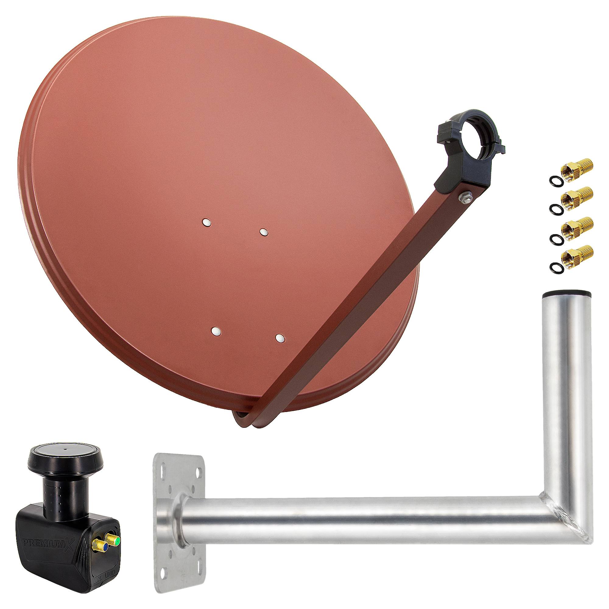 PremiumX Satelliten-Komplettanlage 80cm Satellitenantenne Rot Satellitenschüssel Twin LNB Wandhalter 45cm, SAT bis 2 Teilnehmer