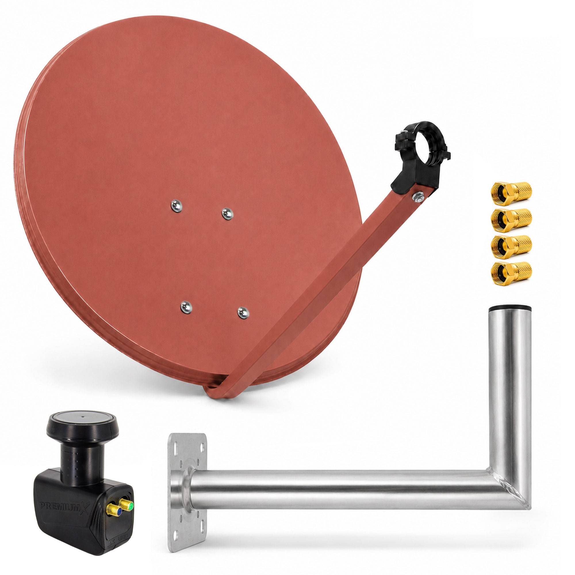 Satellitenschüssel-Montageset mit roter Schüssel, L-förmigem Metallarm, Wandhalterung, Koaxialstecker und Kabelanschlüssen