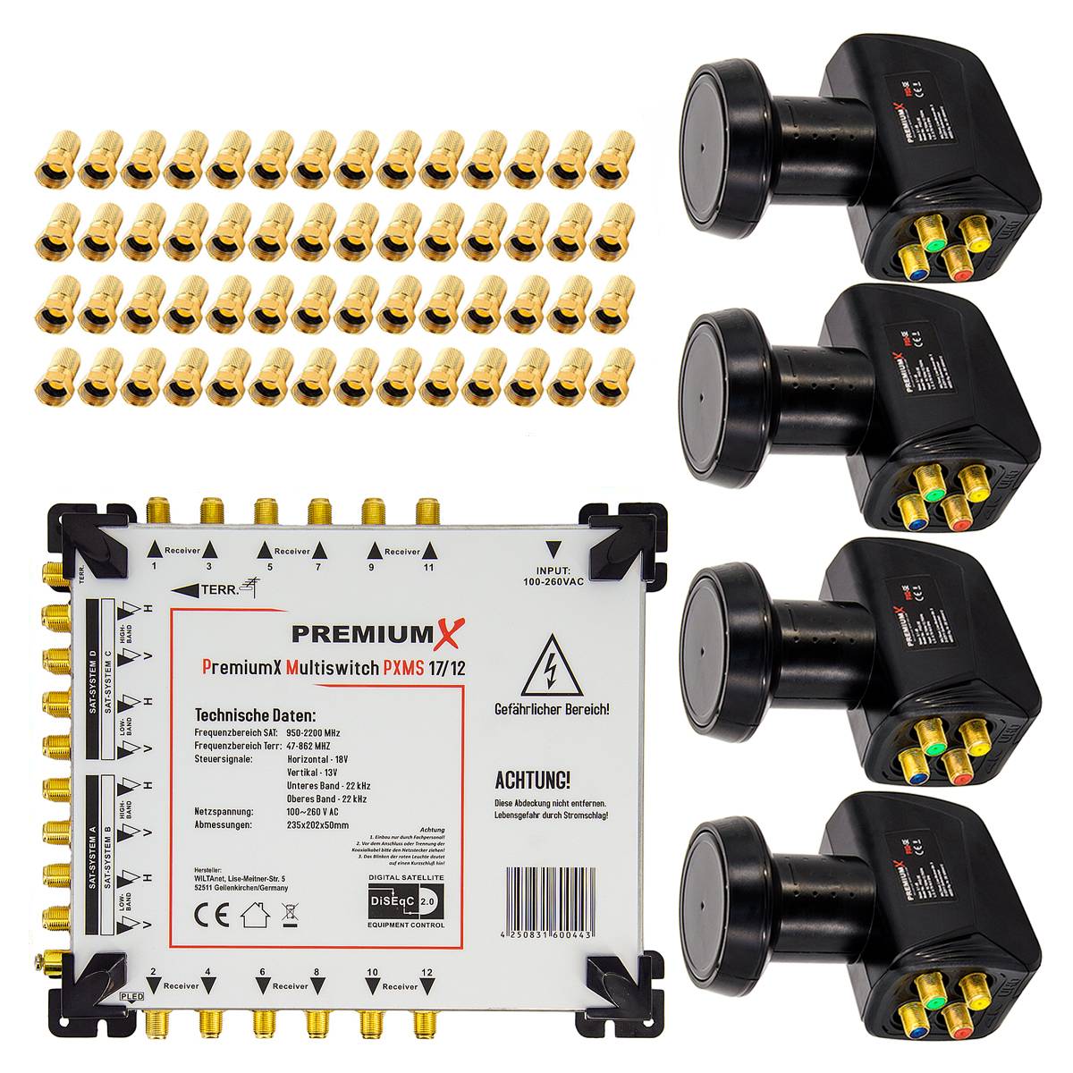 PremiumX Multischalter Set 17/12 Multiswitch 4x Quattro LNB 56x F-Stecker, Satverteiler 4 SAT für 12 Teilnehmer HDTV FullHD 4K UHD 8K