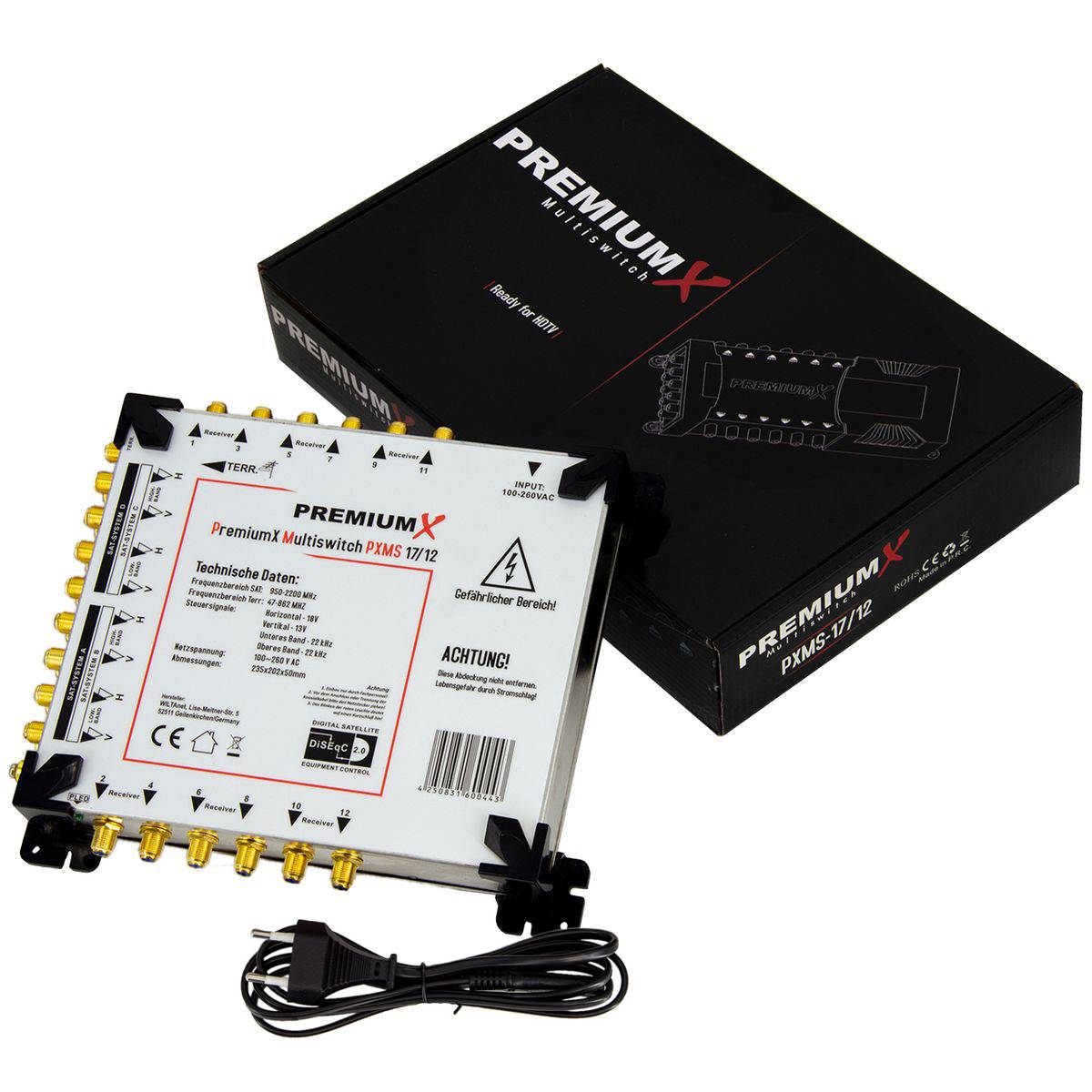 PremiumX Multischalter Set 17/12 Multiswitch 4x Quattro LNB 56x F-Stecker, Satverteiler 4 SAT für 12 Teilnehmer HDTV FullHD 4K UHD 8K