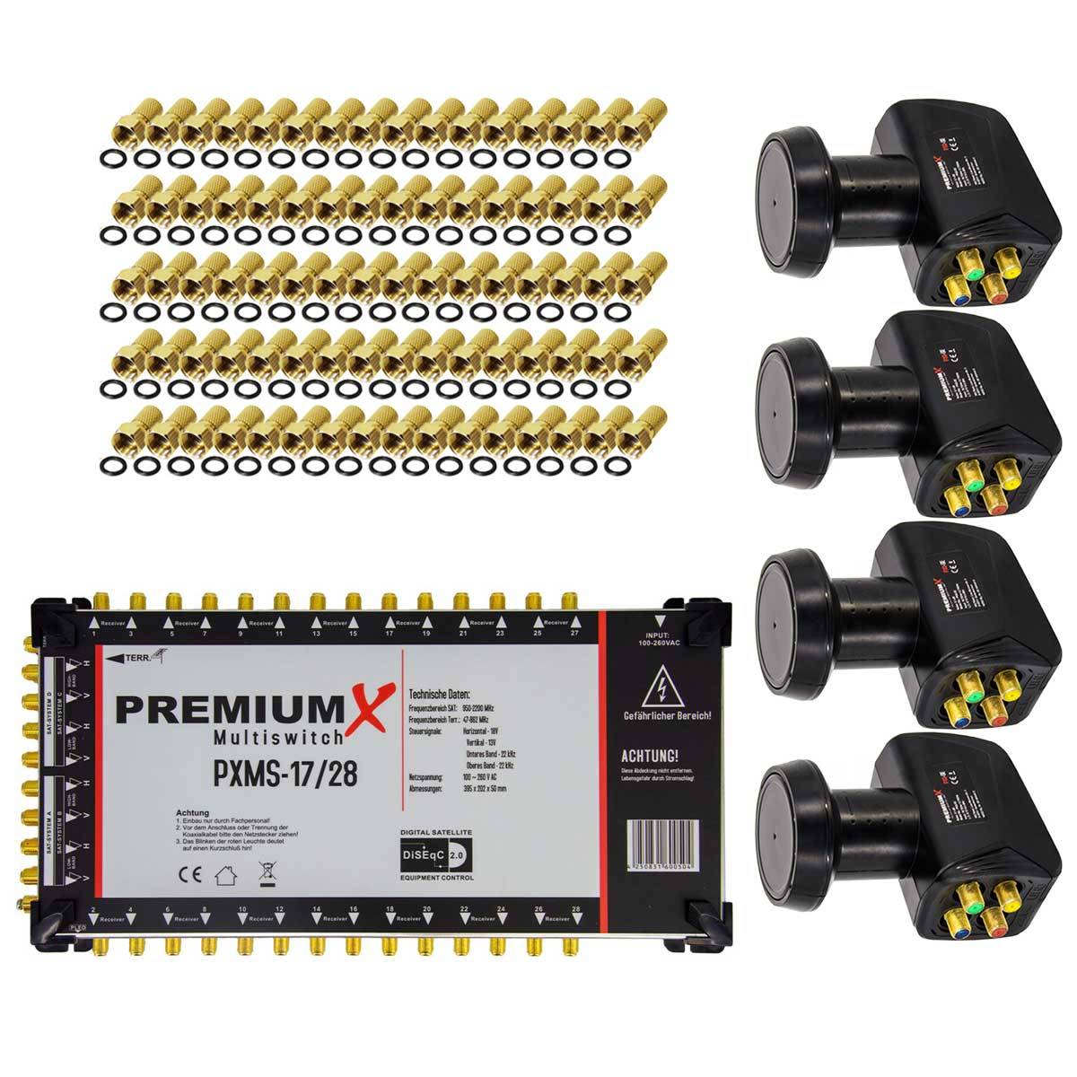 PremiumX Multischalter Set 17/28 Multiswitch 4x Quattro LNB 80x F-Stecker, Satverteiler 4 SAT für 28 Teilnehmer HDTV FullHD 4K UHD 8K