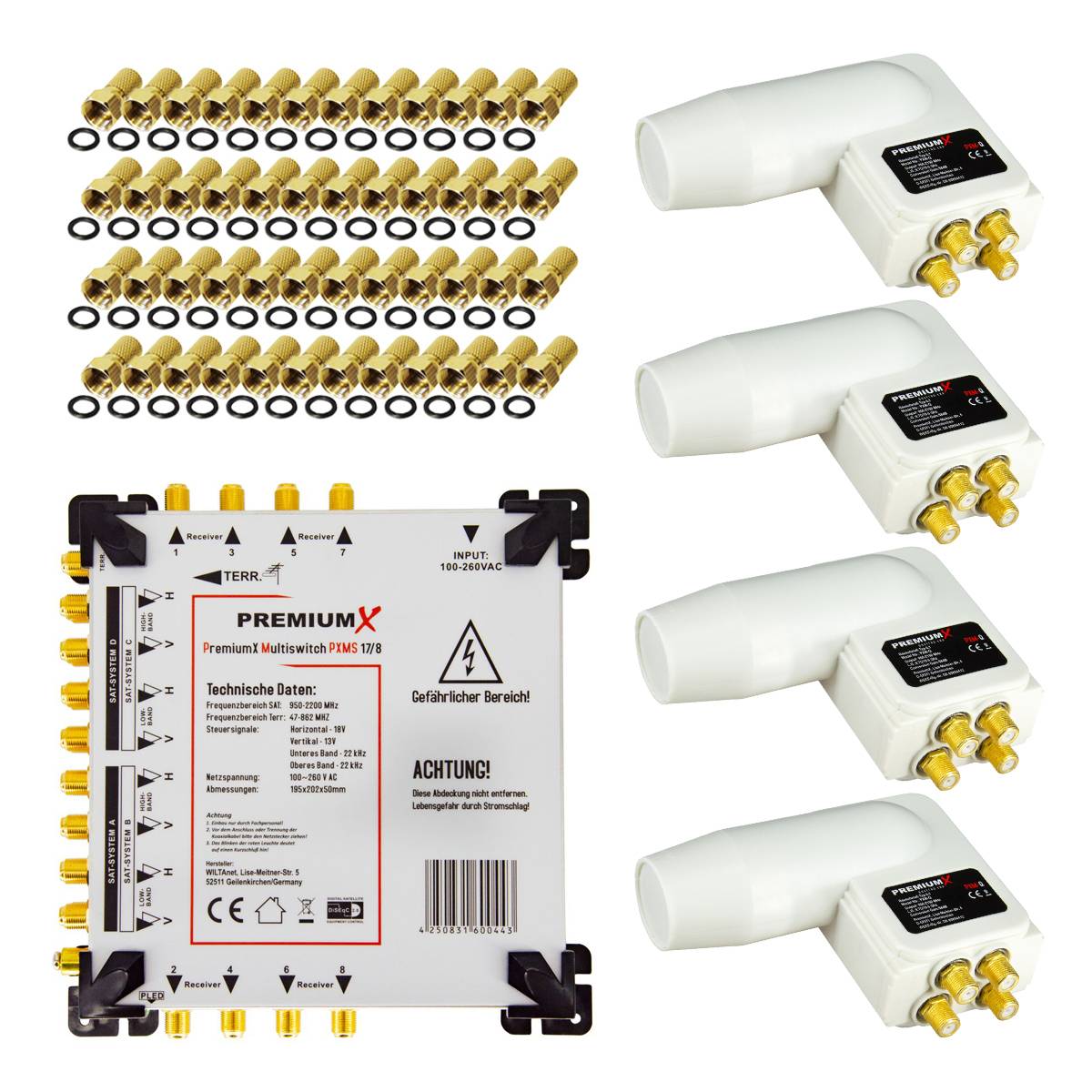 PremiumX Multischalter Set 17/8 Multiswitch 4x Quattro 3° Multifeed LNB 48x F-Stecker, Satverteiler 4 SAT für 8 Teilnehmer