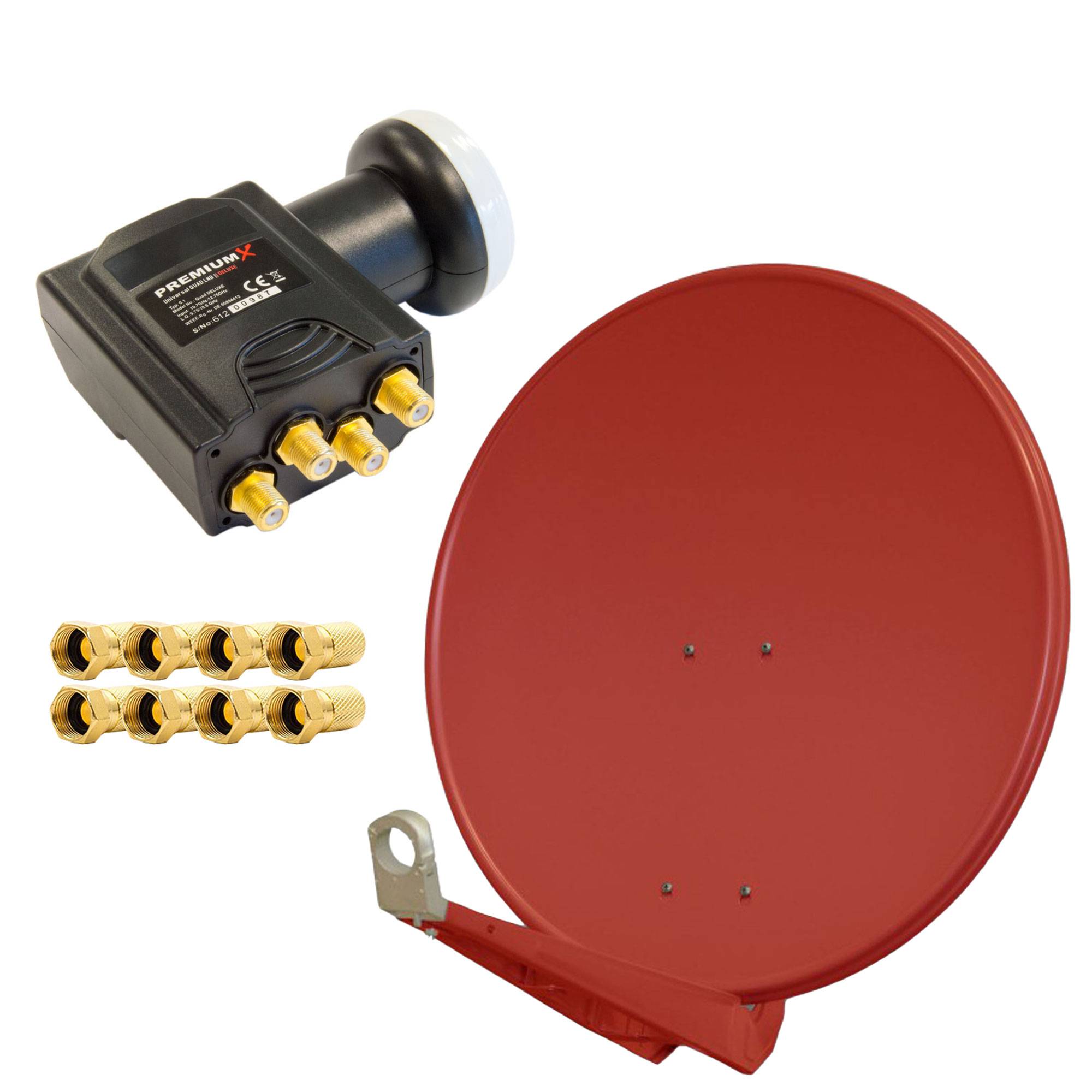 PremiumX DELUXE80 Satellitenanlage für 4 Teilnehmer Offset SAT Antenne 80cm ALU Ziegelrot Digitales Quad LNB Signalumsetzer HDTV 4K inkl. 8x