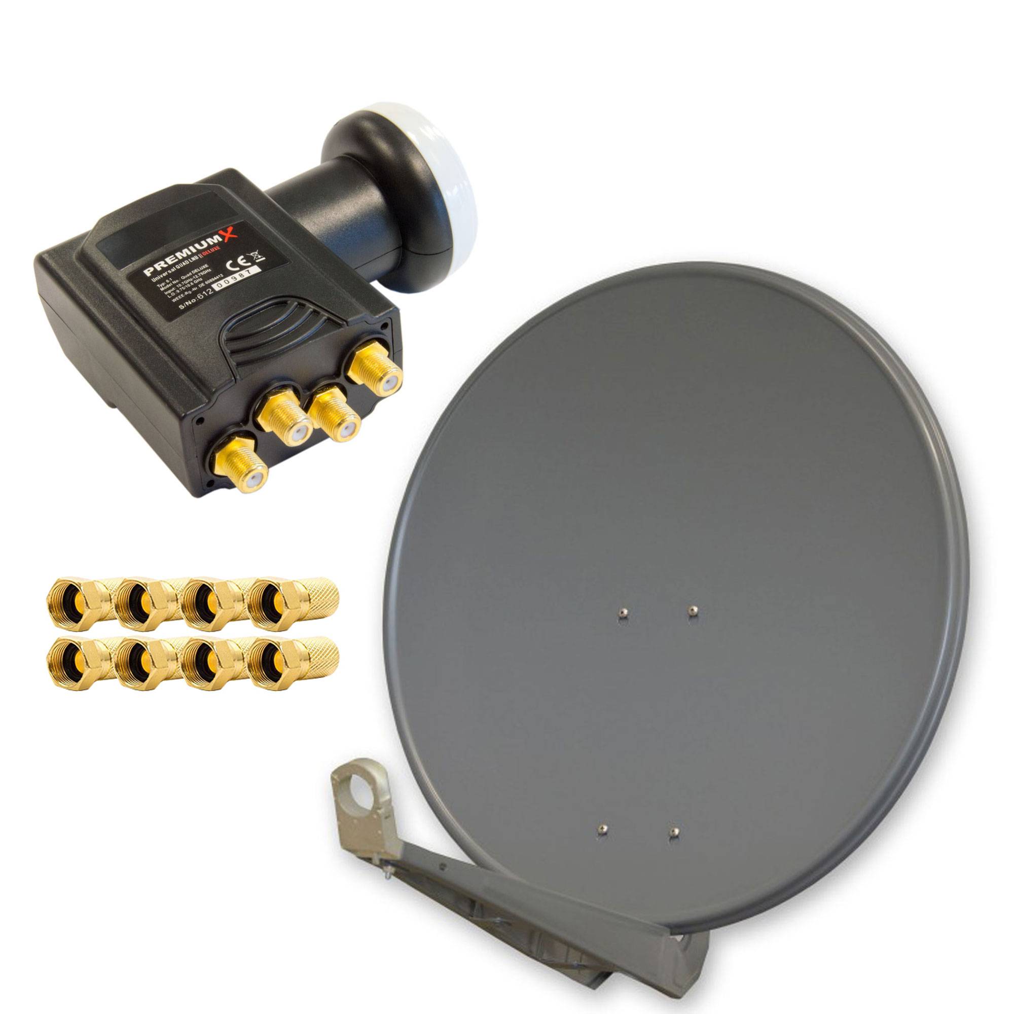 PremiumX DELUXE85 Aluminium Anthrazit 85cm Antenne Digital SAT Schüssel Spiegel HDTV HD 3D 4K + DELUXE LNB Quad 0,1dB Quattro Switch + 8x F-Stecker