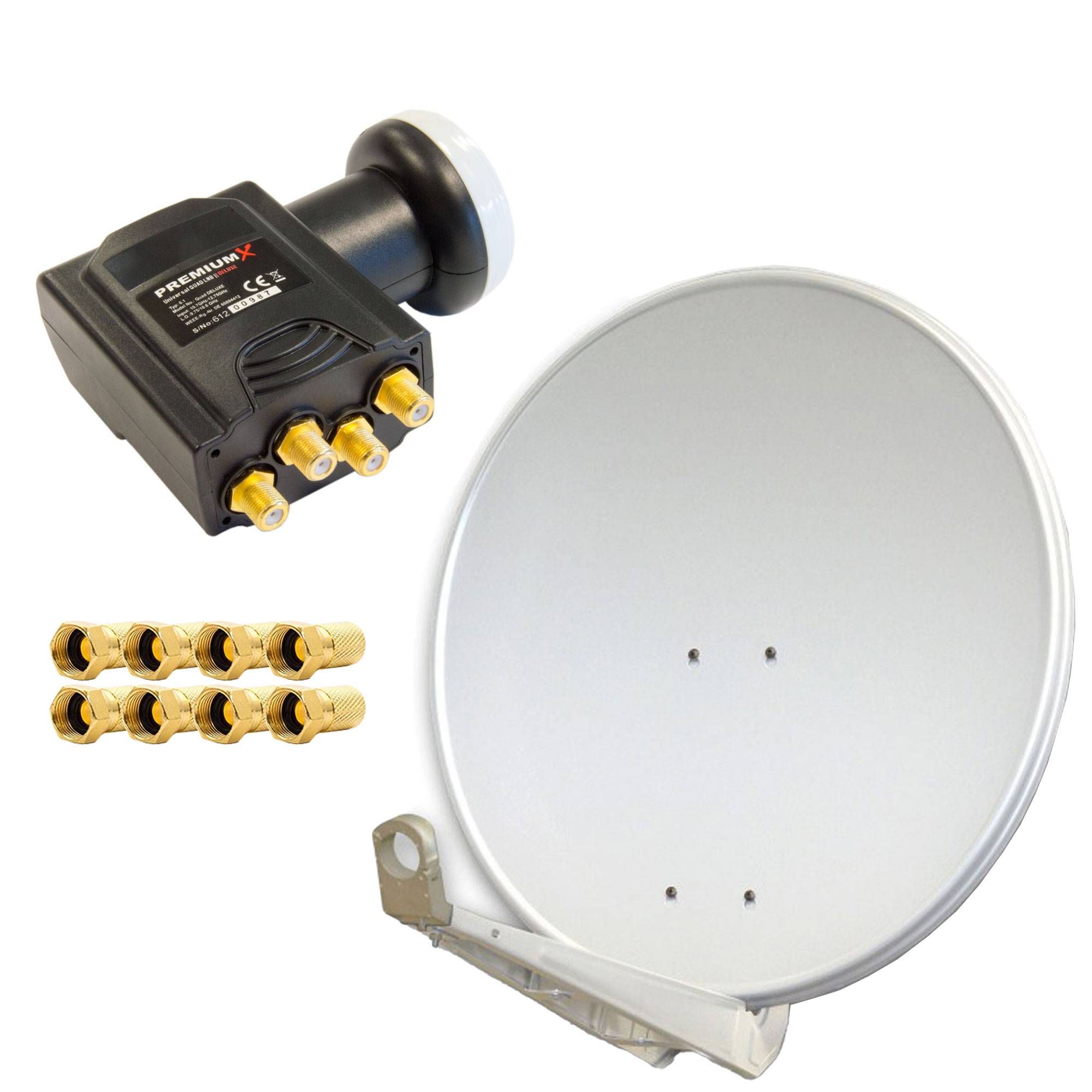 PremiumX DELUXE85 Aluminium Hellgrau 85cm Antenne Digital SAT Schüssel Spiegel HDTV HD 3D 4K + DELUXE LNB Quad 0,1dB Quattro Switch + 8x F-Stecker