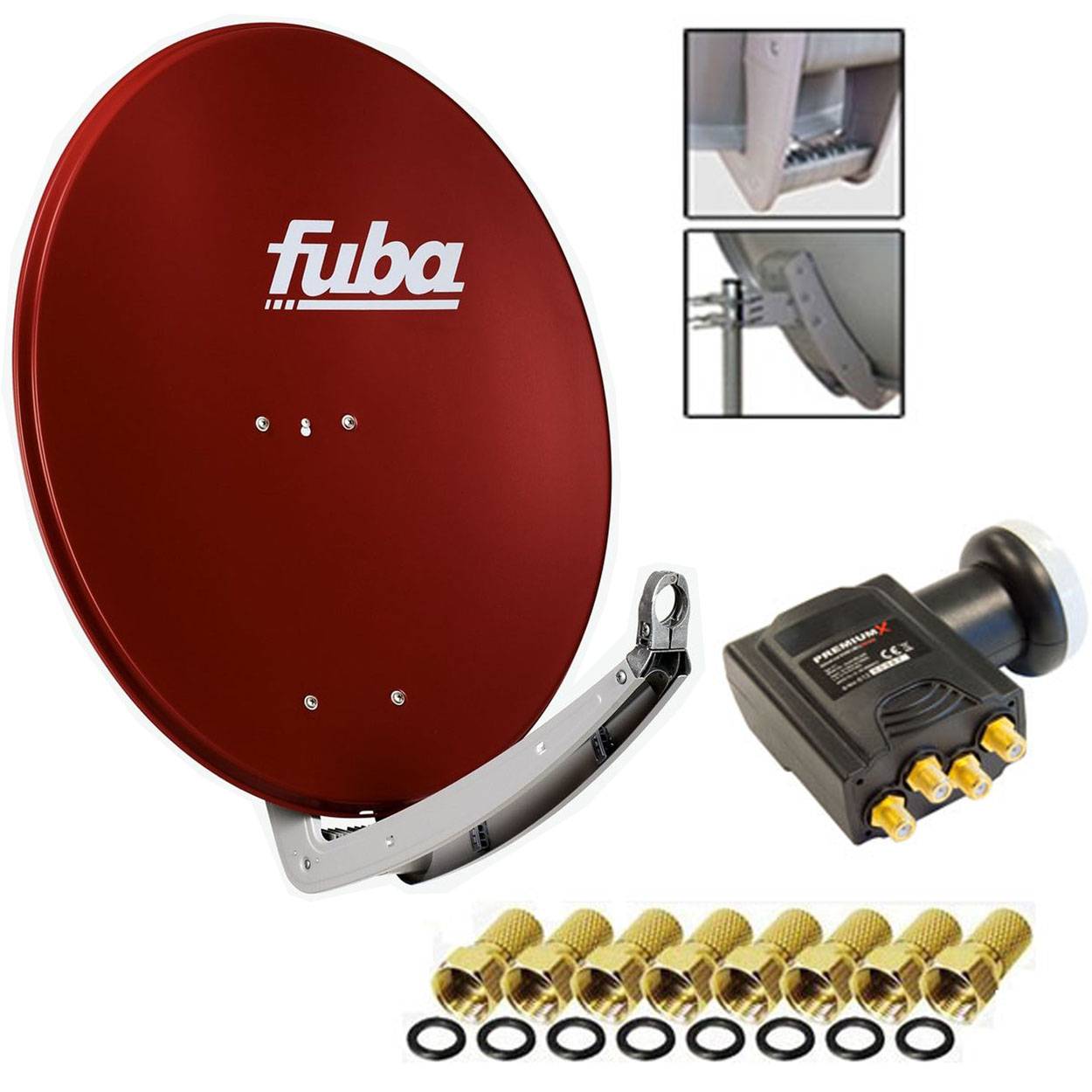 Antenne Fuba 74x84 cm Alu Ziegelrot DAA 780 + Premium X DELUXE Quad LNB 0,1 dB + 8x F-Stecker
