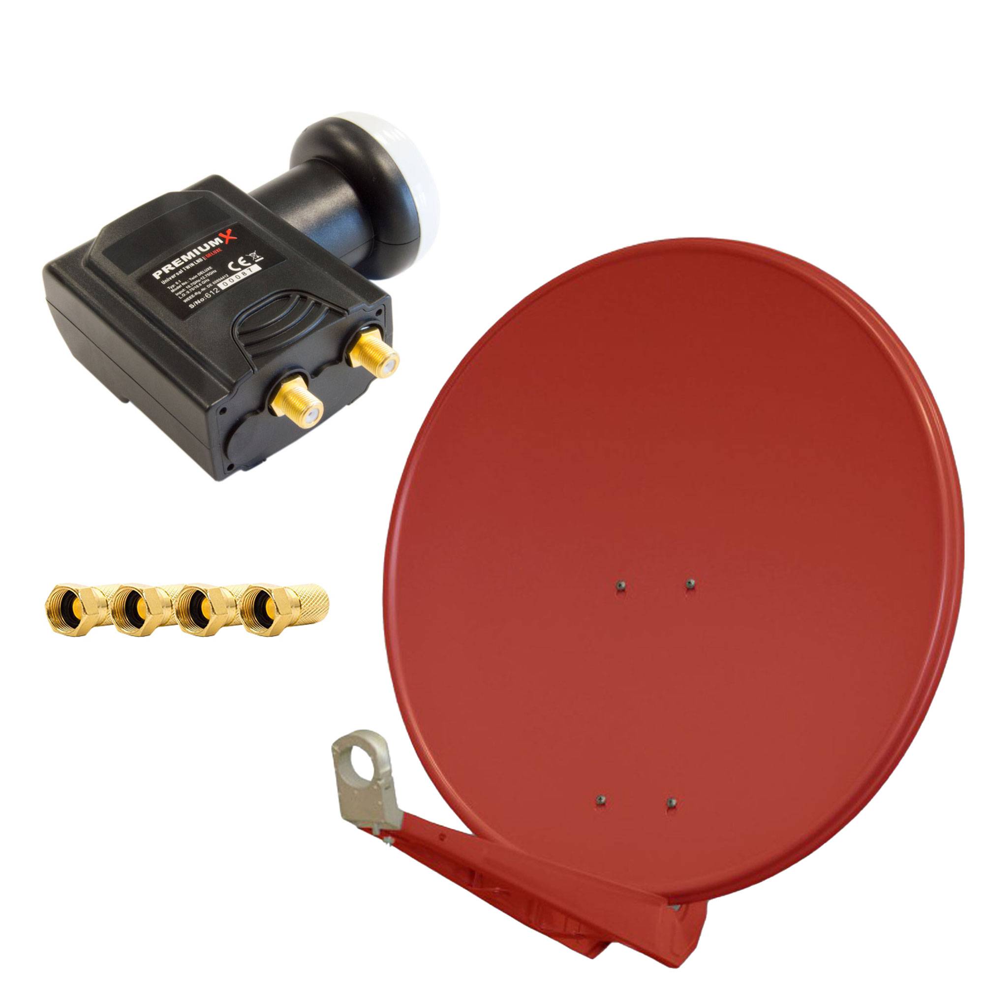 PremiumX DELUXE85 Satellitenantenne 85 cm Aluminium in Ziegelrot Offset Antenne HDTV 3D 4K DELUXE Twin LNB Sat für 2 Teilnehmer Digital