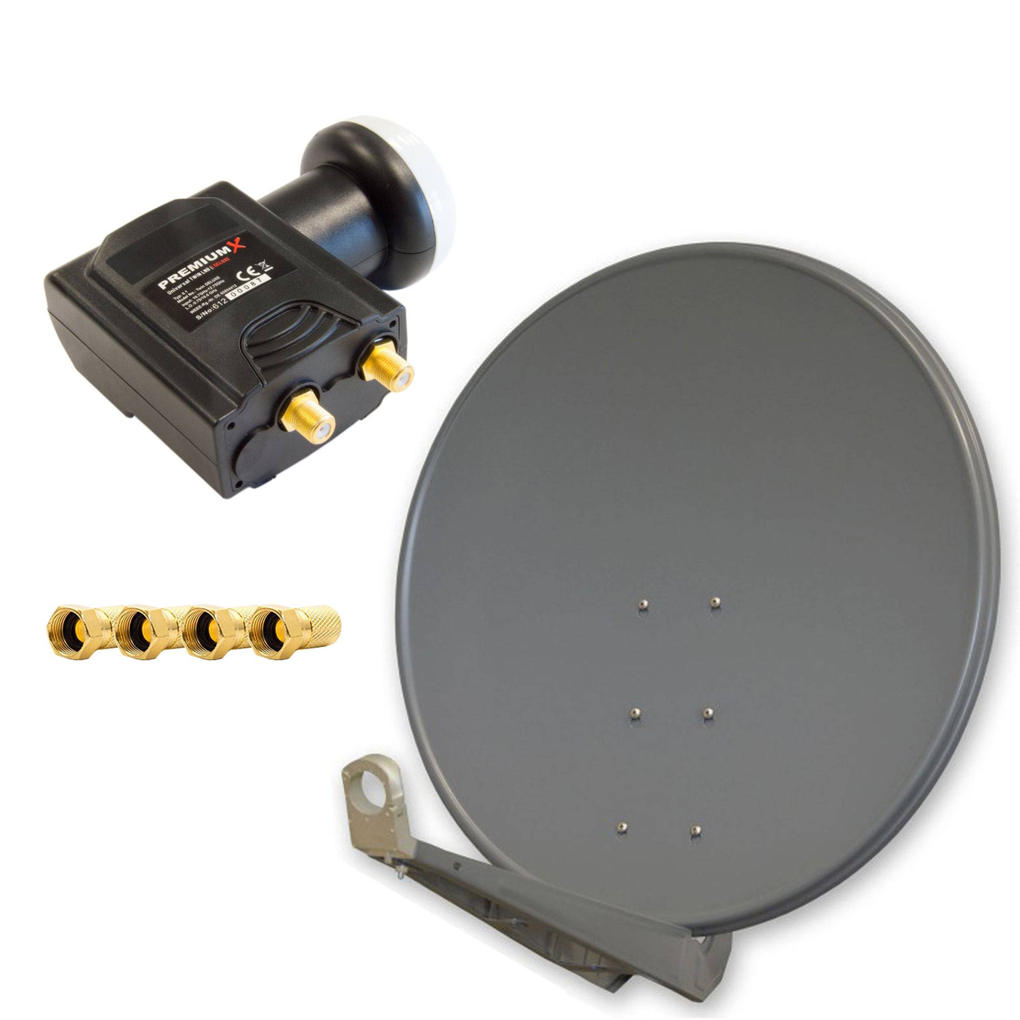 PremiumX DELUXE100 Satellitenantenne 100 cm Aluminium in Anthrazit Offset Antenne HDTV 3D 4K DELUXE Twin LNB Sat für 2 Teilnehmer Digital