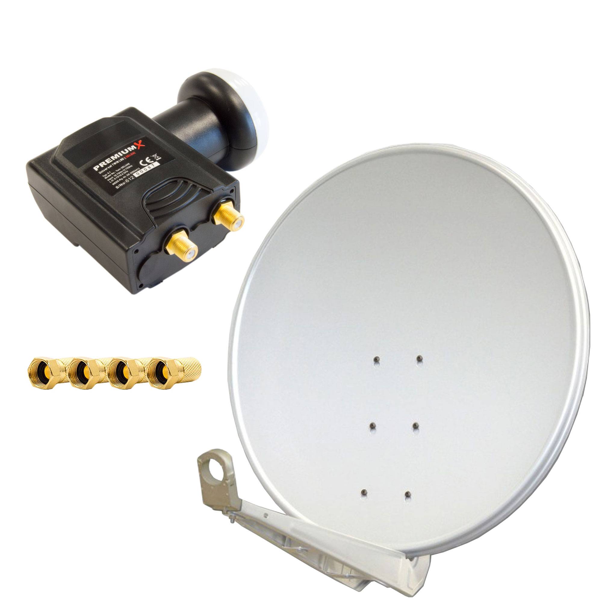 PremiumX DELUXE100 Satellitenantenne 100 cm Aluminium in Hellgrau Offset Antenne HDTV 3D 4K DELUXE Twin LNB Sat für 2 Teilnehmer Digital