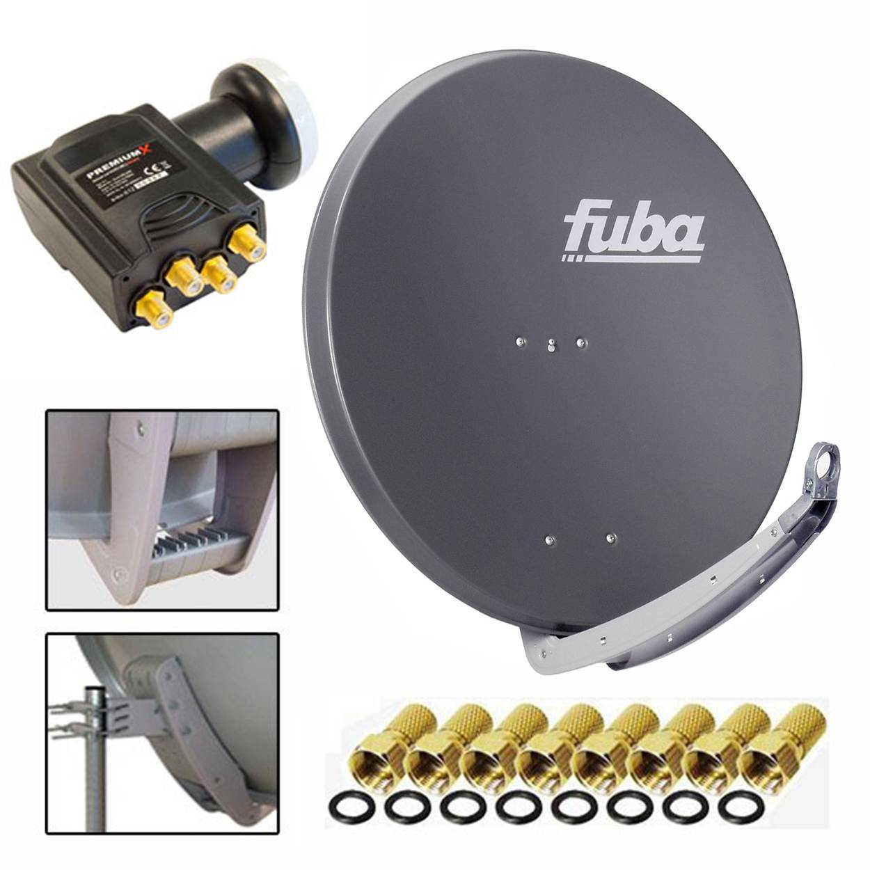 Fuba DAA 850 A Digital Sat Schüssel Anthrazit 85x85cm PremiumX Deluxe LNB Quad bis 4 Teilnehmer 8x F-Stecker