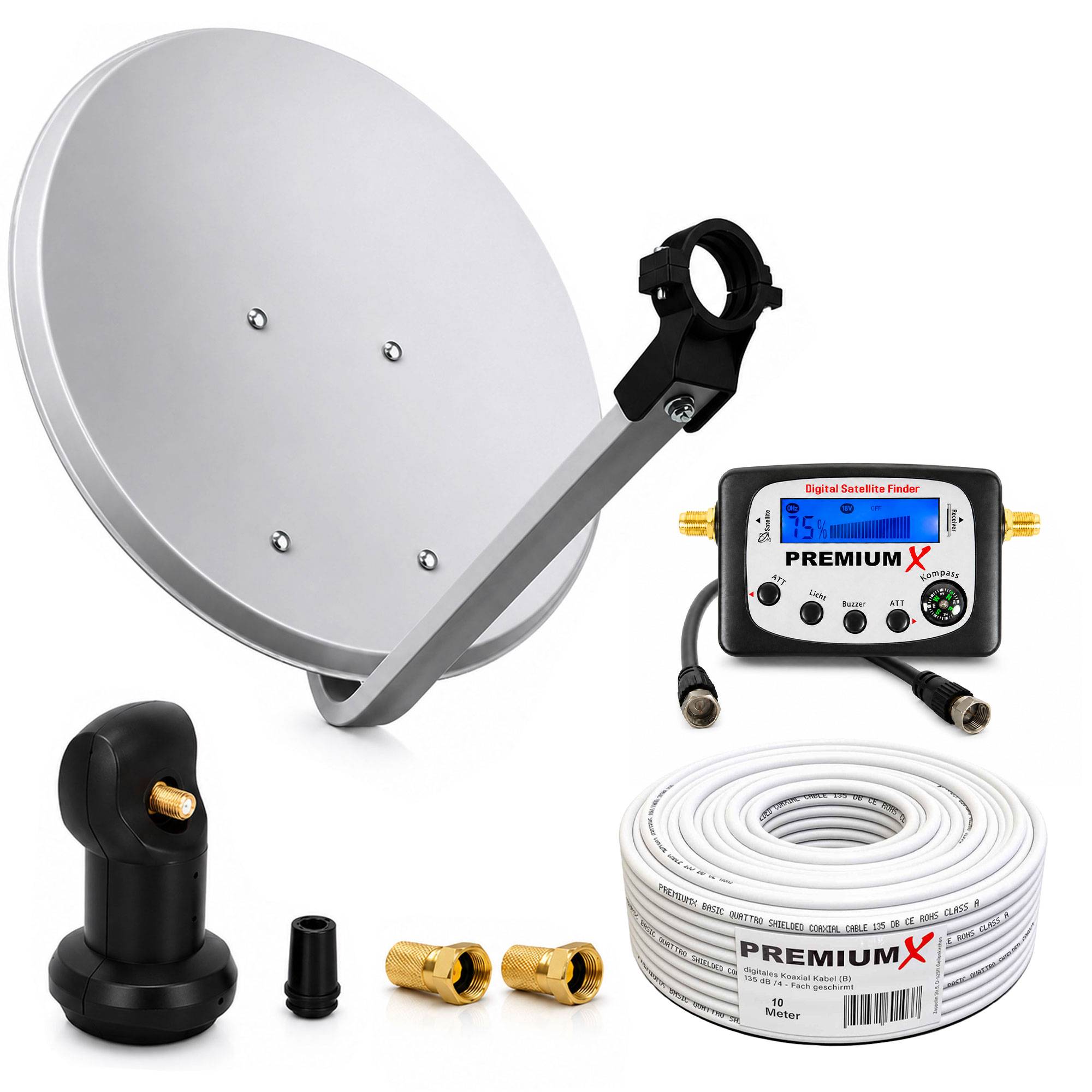 Satellitenschüssel-Set mit LNB, Signalmesser, Koaxialkabel und Steckern zur Installation oder Ausrichtung eines Satellitenfernsehsystems.