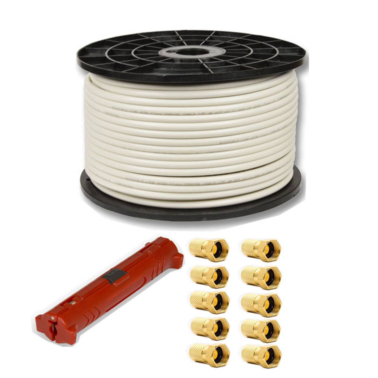 PremiumX DELUXE PRO 100m SAT Koaxialkabel Antennenkabel Koaxkabel Koax Kabel + Universal Abisolierer + 10x F-Stecker 8mm mit Dichtring