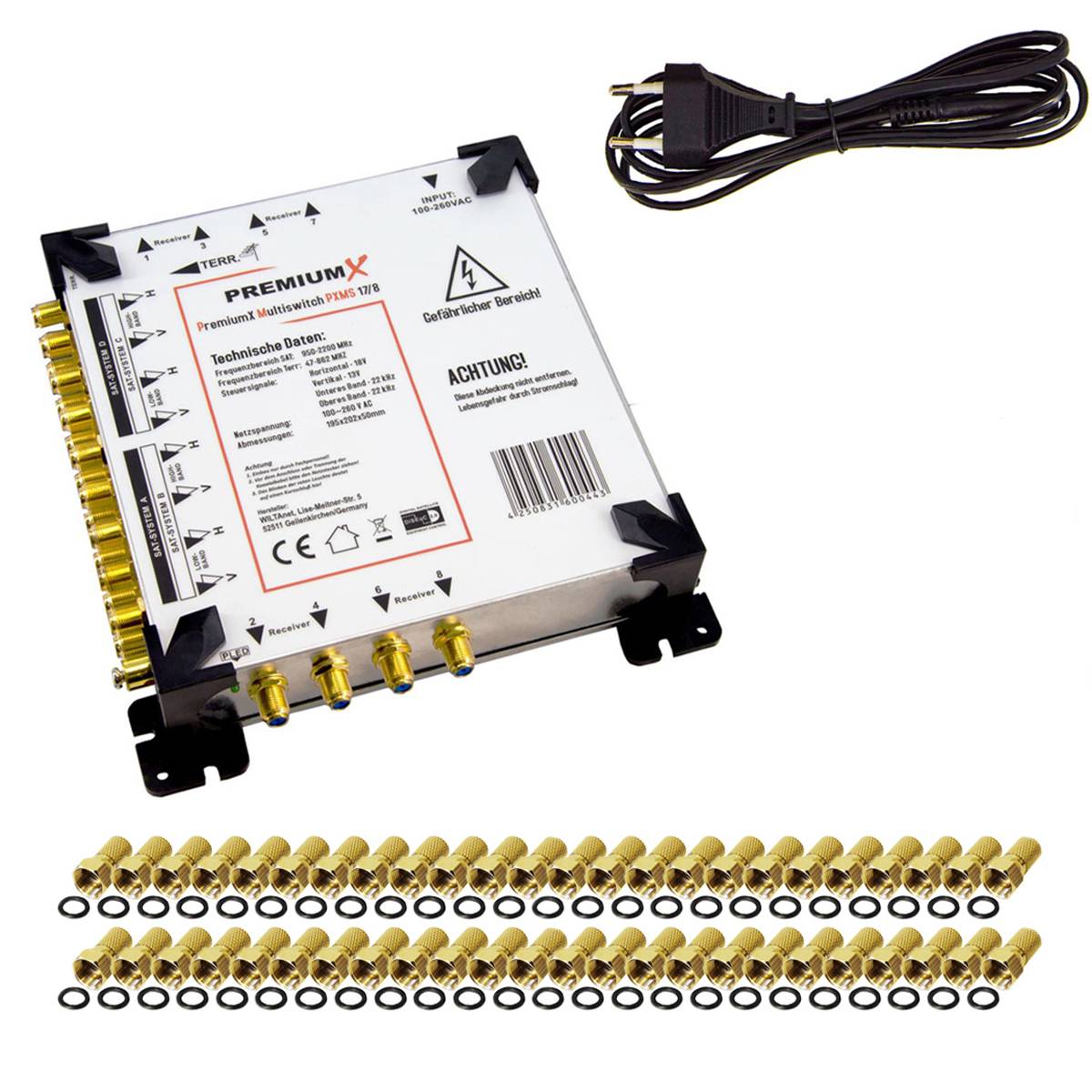 PremiumX Multischalter Set 17/8 Multiswitch 48x F-Stecker, Satverteiler 4 SAT für 8 Teilnehmer
