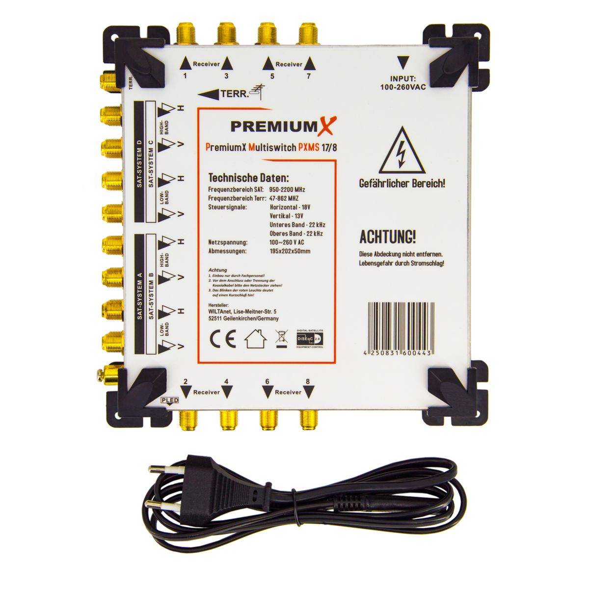 PremiumX Multischalter Set 17/8 Multiswitch 48x F-Stecker, Satverteiler 4 SAT für 8 Teilnehmer