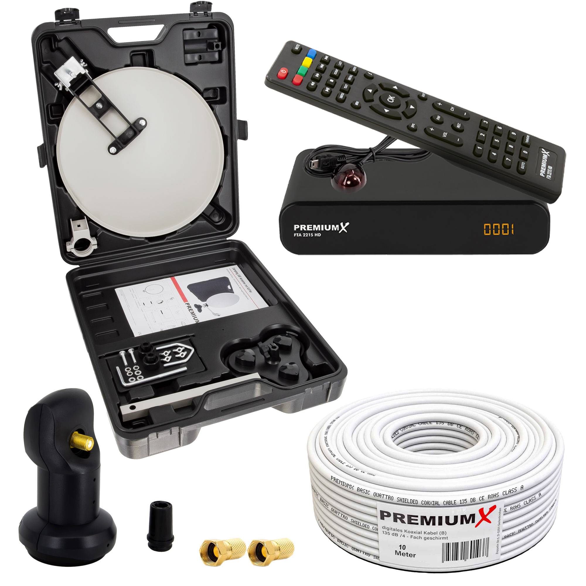 PremiumX Camping SAT Anlage HD TV Satelliten Receiver Single LNB 10m Kabel 2x F-Stecker kompakt im Koffer Camp Zubehör