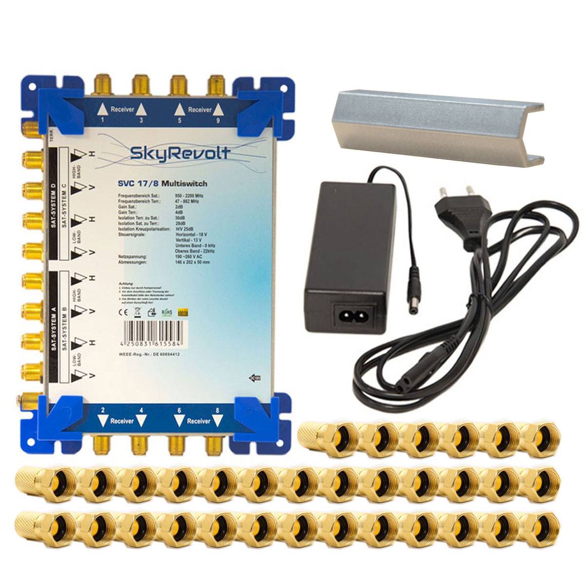SkyRevolt SVC 17/8 Multiswitch externes Netzteil Multischalter 4 SAT für 8 Anschlüsse Satverteiler F-Aufdrehhilfe 32x F-Stecker