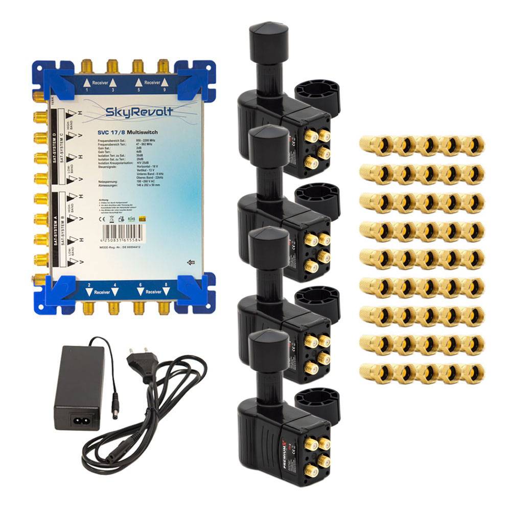 SkyRevolt SVC 17/8 Multiswitch 4 SAT 8 Anschlüsse Multischalter Satverteiler 4x PremiumX Multifeed 3° Slim Quattro LNB 45x F-Stecker