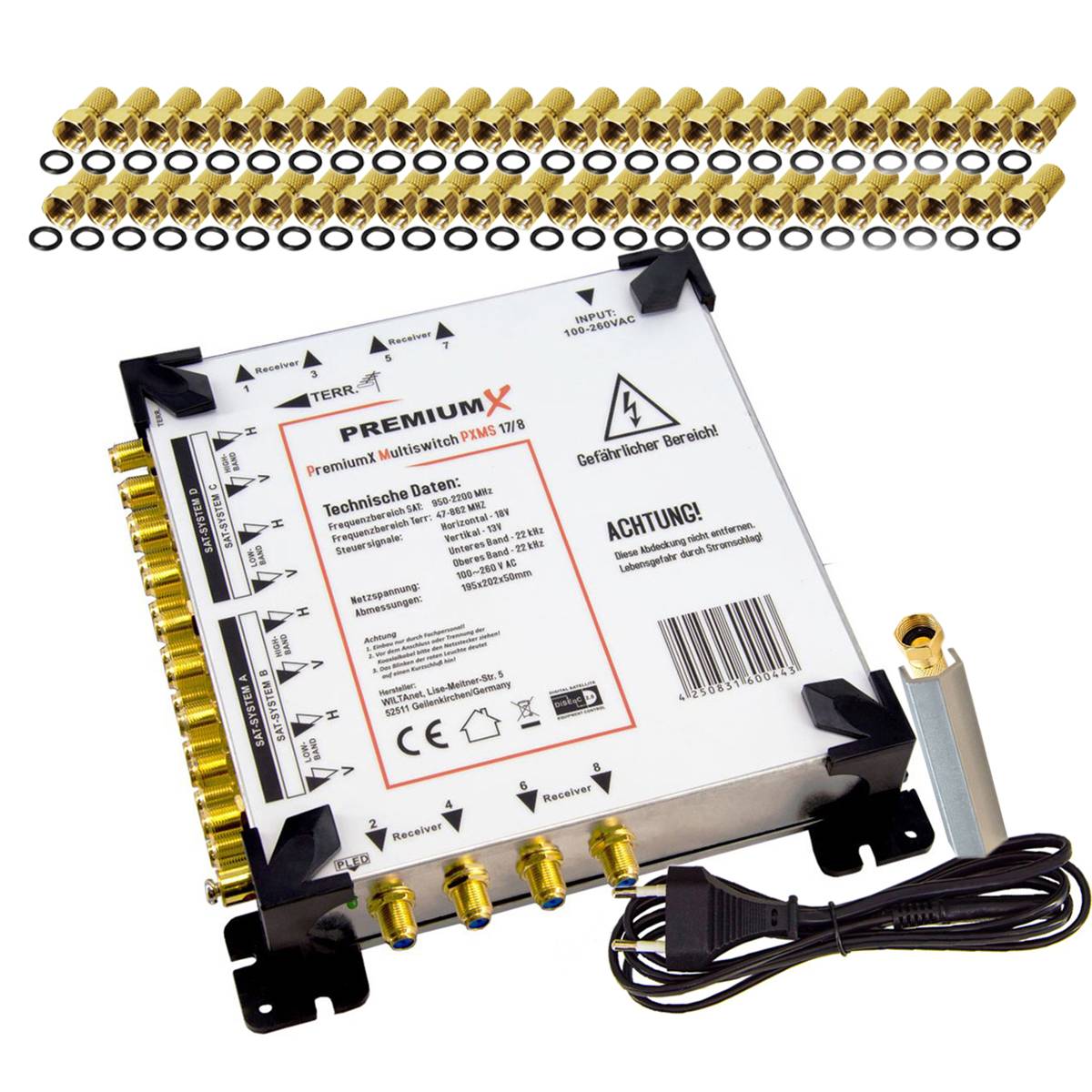 PremiumX Multischalter Set 17/8 Multiswitch 48x F-Stecker F-Aufdrehhilfe, Satverteiler 4 SAT für 8 Teilnehmer