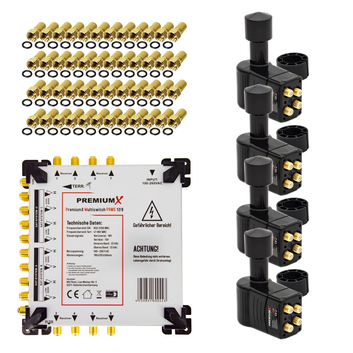 PremiumX Multischalter Set 17/8 Multiswitch 4x Multifeed 3° Slim Quattro LNB 48x F-Stecker Satverteiler 4 SAT für 8 Teilnehmer