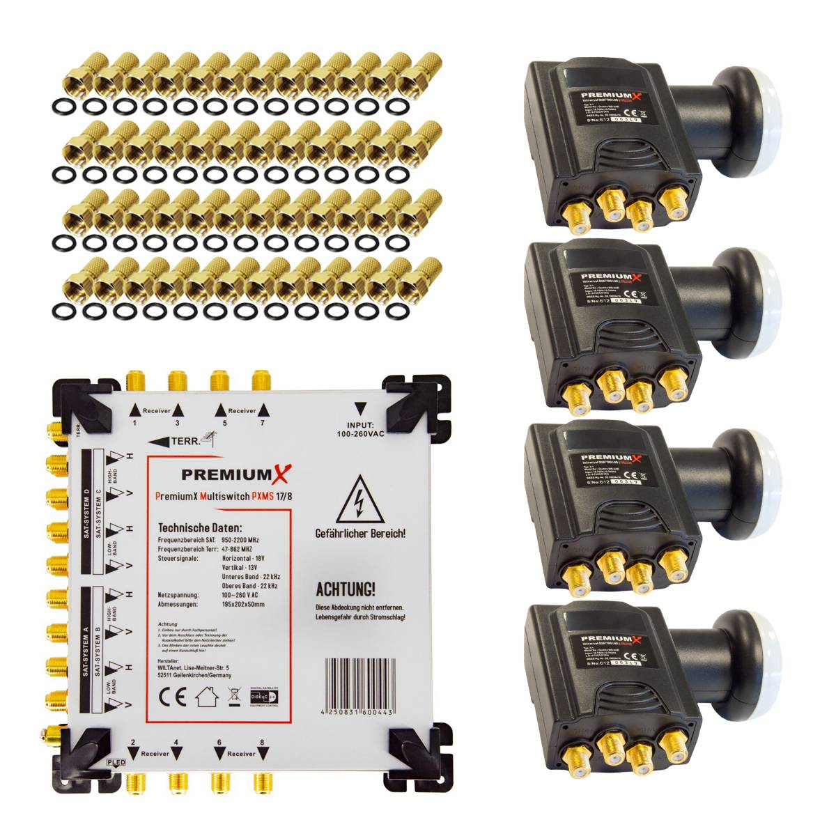 PremiumX Multischalter Set 17/8 Multiswitch 4x Deluxe Quattro LNB 48x F-Stecker Satverteiler 4 SAT für 8 Teilnehmer