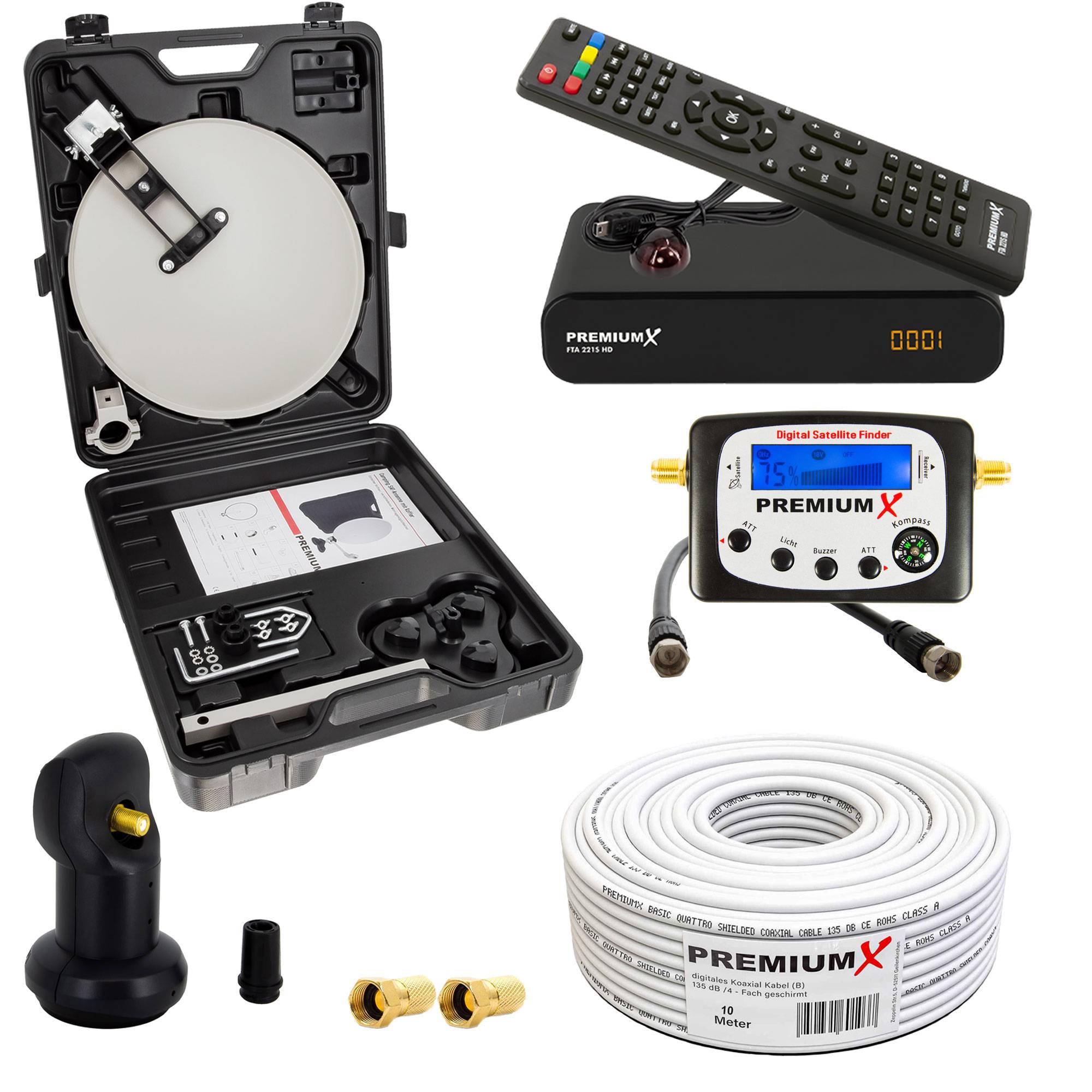 PremiumX Camping Satelliten Anlage Satellitenschüssel HD TV Receiver SAT-Finder Single LNB 10m Kabel F-Stecker kompakt im Koffer
