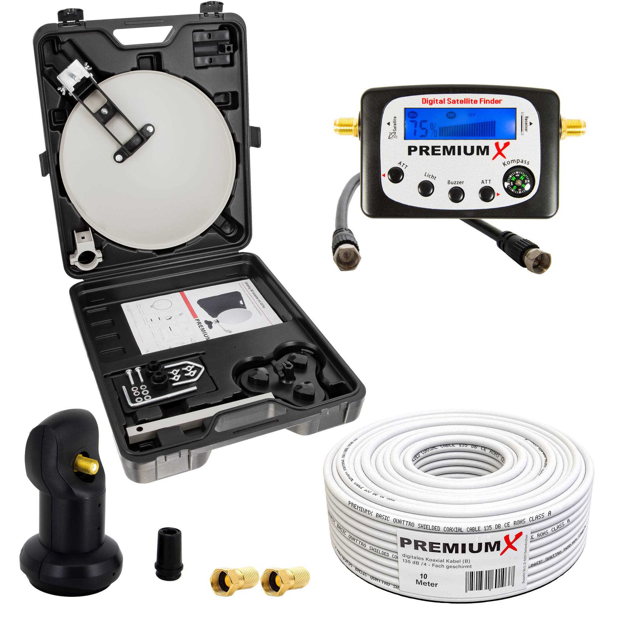 PremiumX Camping Satelliten Anlage Satellitenschüssel SAT-Finder Single LNB 10m Koaxial Kabel 2x F-Stecker kompakt im Koffer