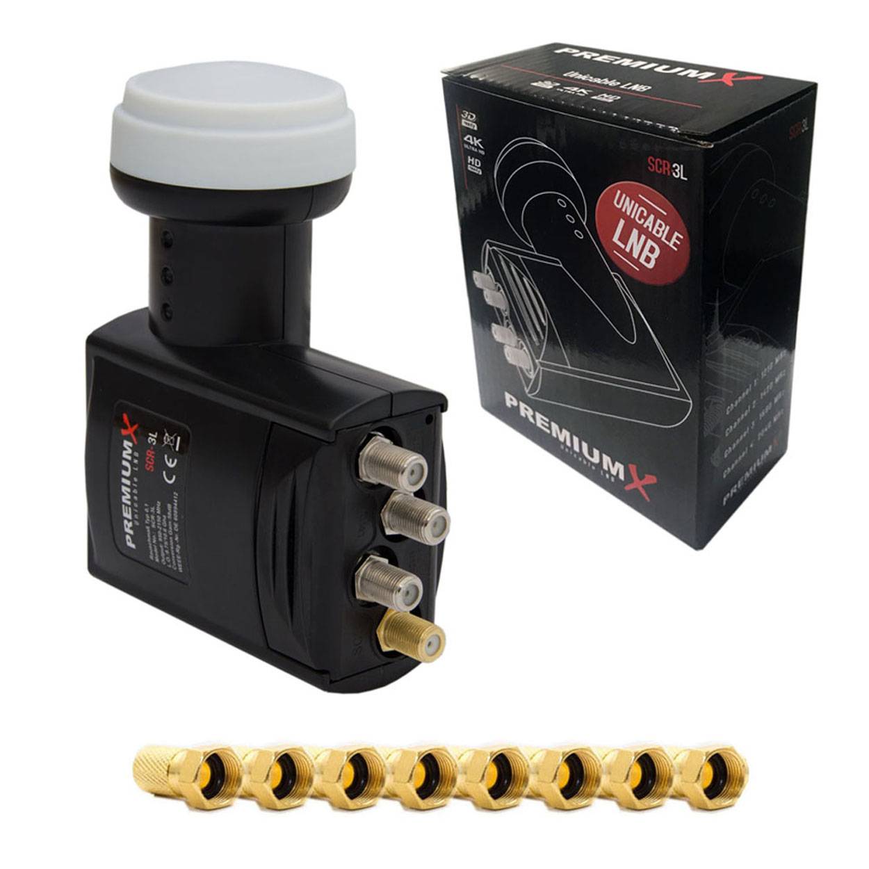 PremiumX SCR-3L Unicable LNB SCR 3 Legacy Einkabel System Unikabel 4 + 3 Teilnehmer FullHD 4K HDTV inkl. 8x F-Stecker