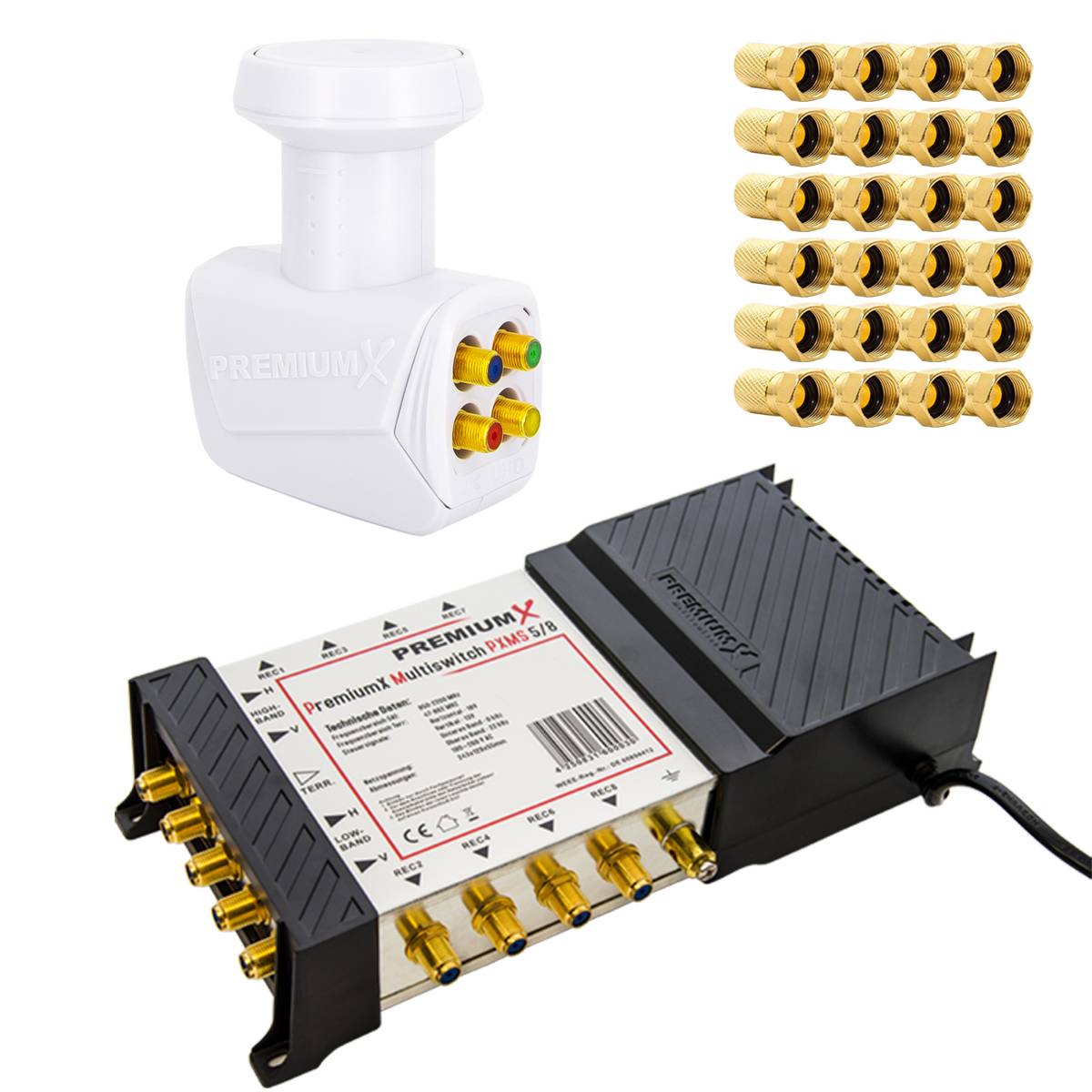 PremiumX Satelliten Multischalter 5/8 SAT Multiswitch Quattro LNB Weiß 24x F-Stecker bis 8 Teilnehmer UHD 4K 8K