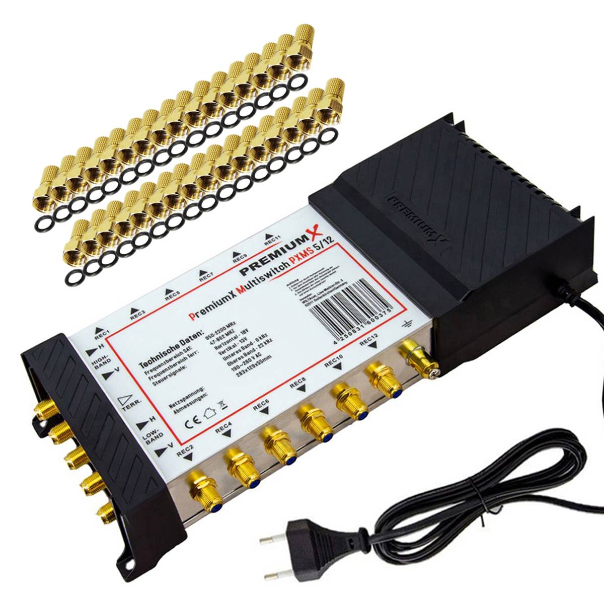 PremiumX Multischalter Set 5/12 Multiswitch 32x F-Stecker, Signalverteiler 1 SAT für 12 Teilnehmer