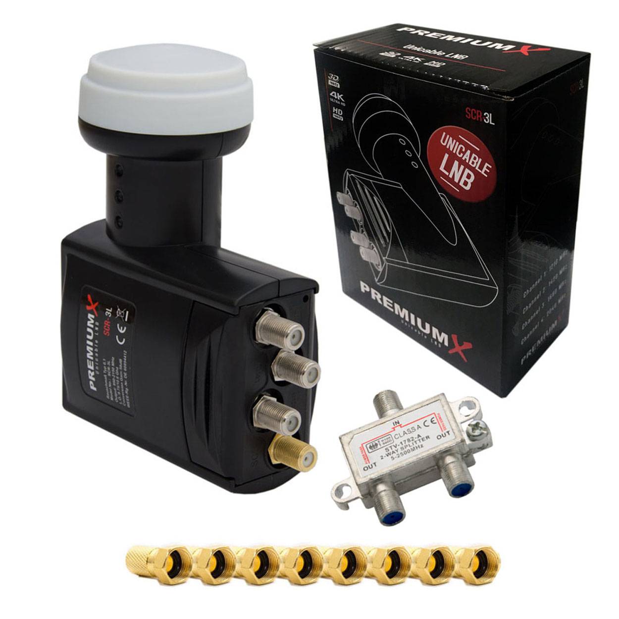 PremiumX SCR-3L Unicable LNB SCR 3 Legacy Einkabel Unikabel 4 + 3 Teilnehmer 2-fach SAT Verteiler und 8x F-Stecker