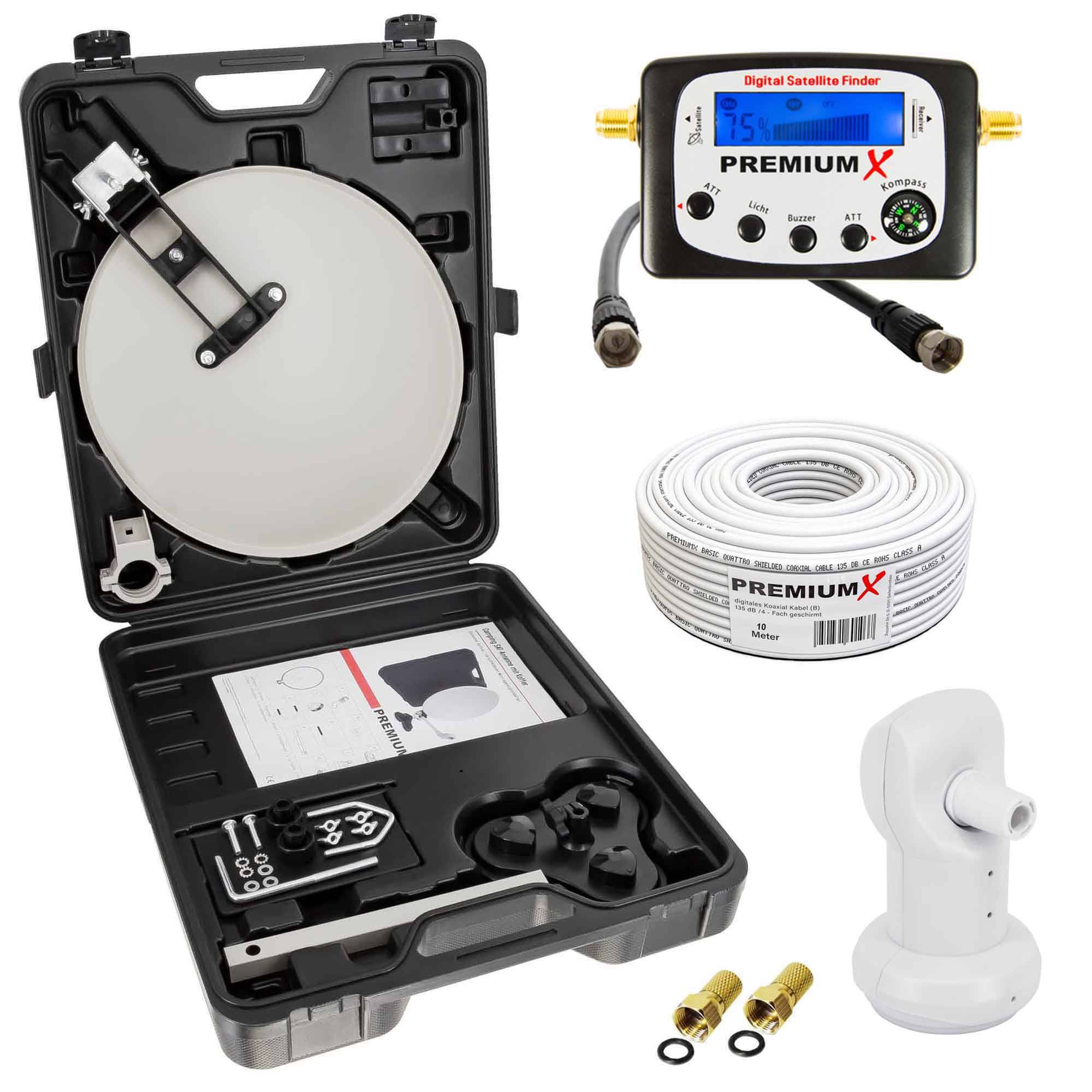 PremiumX Camping Satelliten-Anlage Satellitenschüssel SAT TV Signalfinder Single LNB 10m Kabel F-Stecker kompakt im Koffer