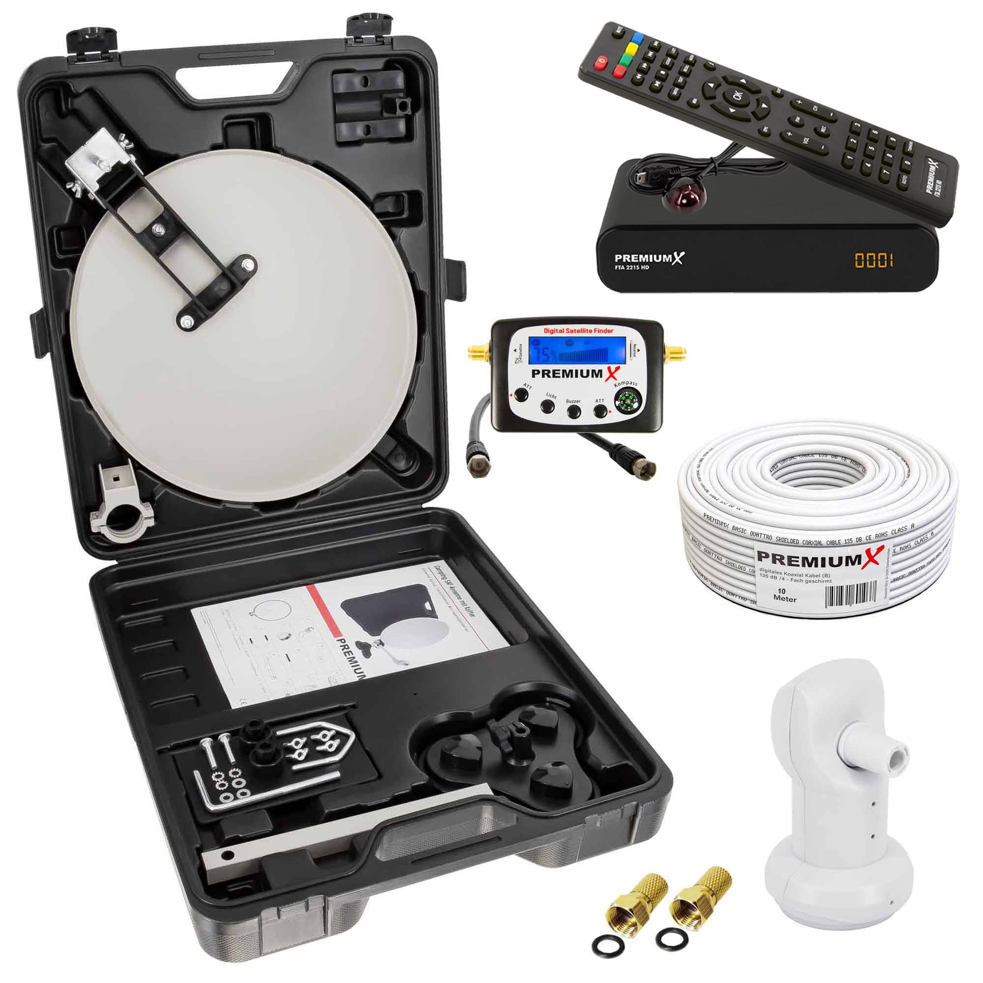 PremiumX Camping Satelliten Anlage komplett Satellitenschüssel HD TV Receiver SAT-Finder Single LNB 10m Kabel F-Stecker im Koffer
