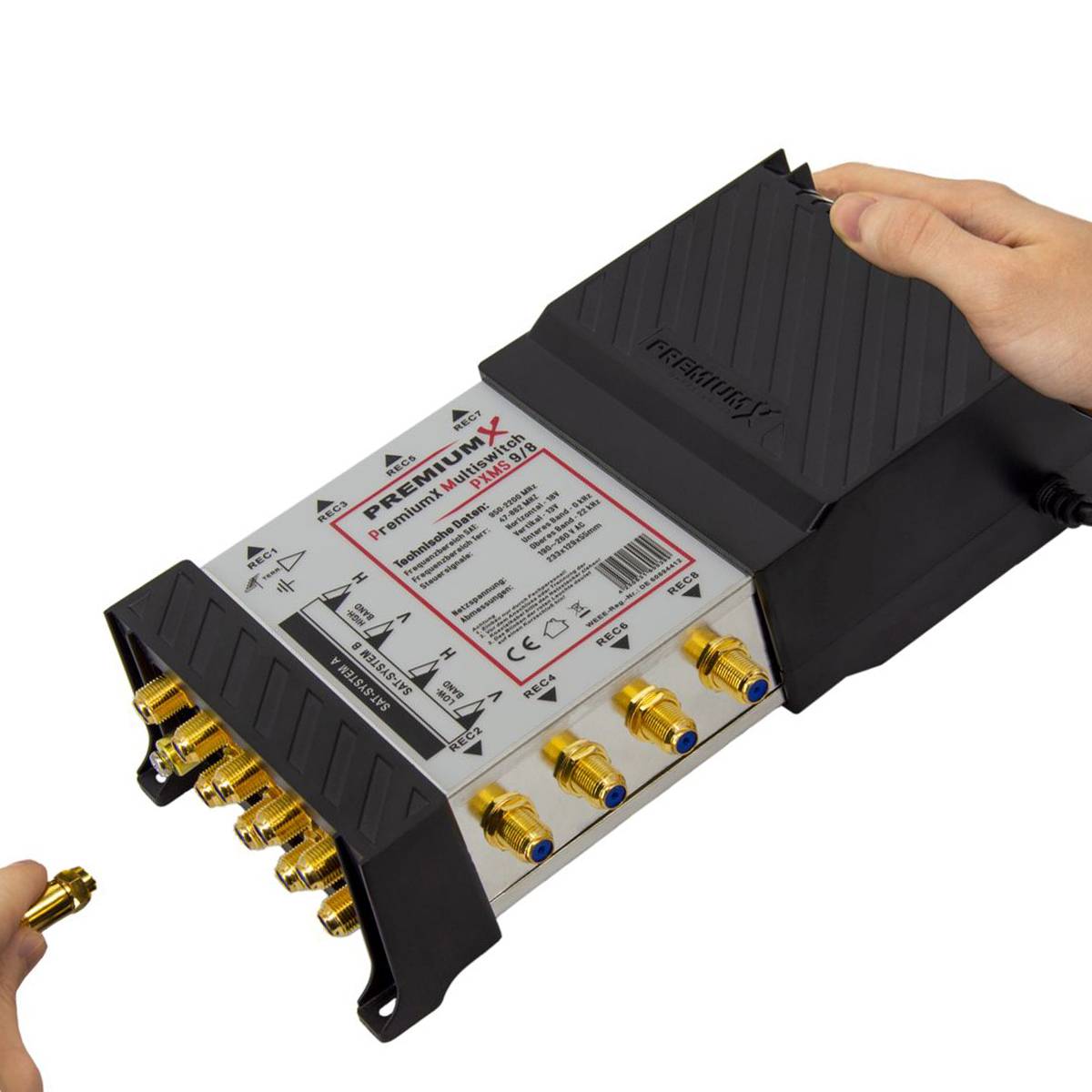 PremiumX Multischalter Set 9/8 Multiswitch F-Aufdrehhilfe 32x F-Stecker, Signalverteiler 2 SAT für 8 Teilnehmer