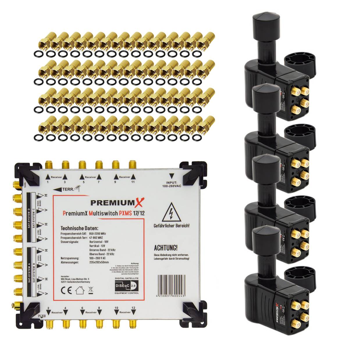 PremiumX Multischalter Set 17/12 Multiswitch 4x Multifeed 3° Slim Quattro LNB 56x F-Stecker Satverteiler 4 SAT für 12 Teilnehmer