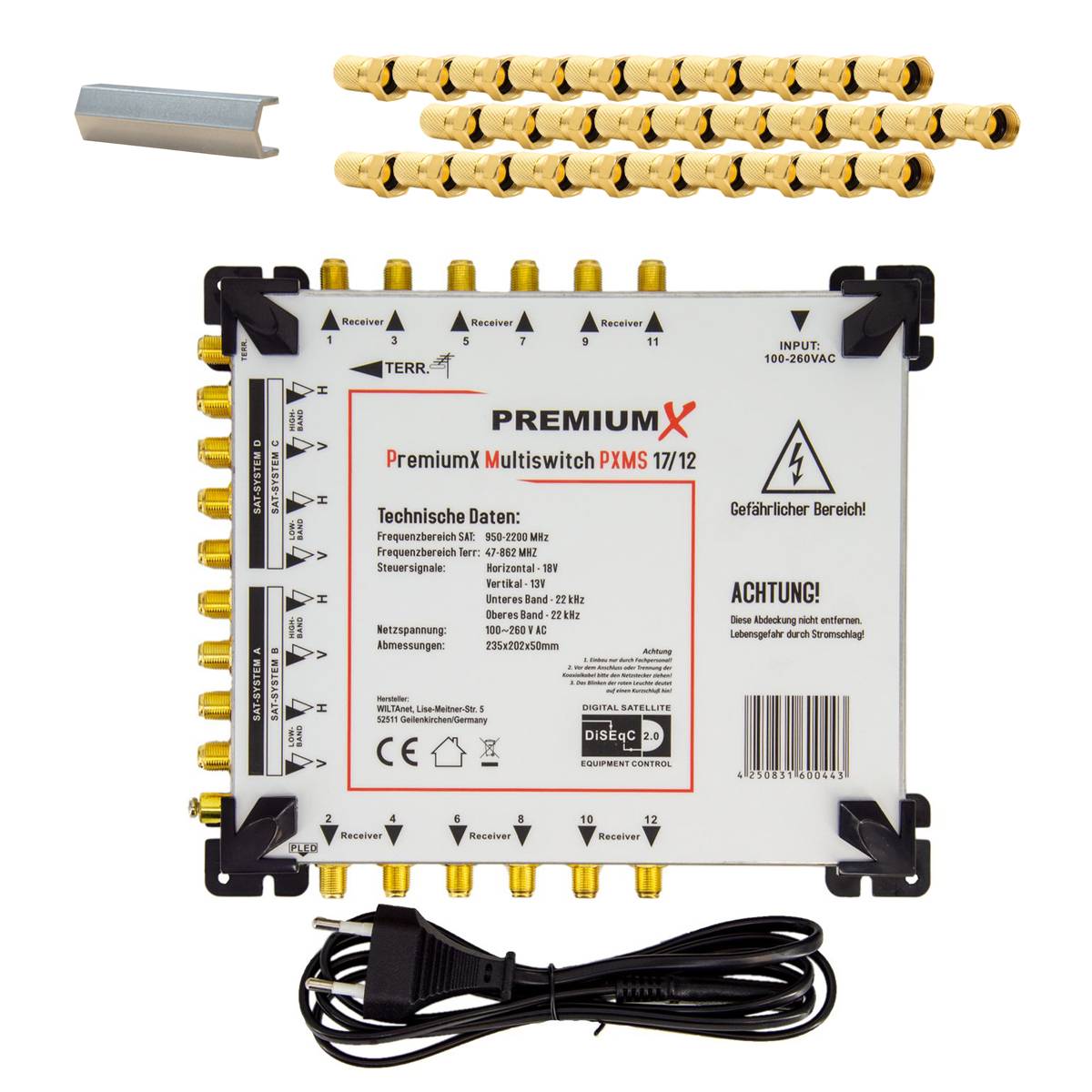 PremiumX PXMS 17/12 Multischalter 4 SAT für 12 Teilnehmer Multiswitch Satverteiler Montage Set