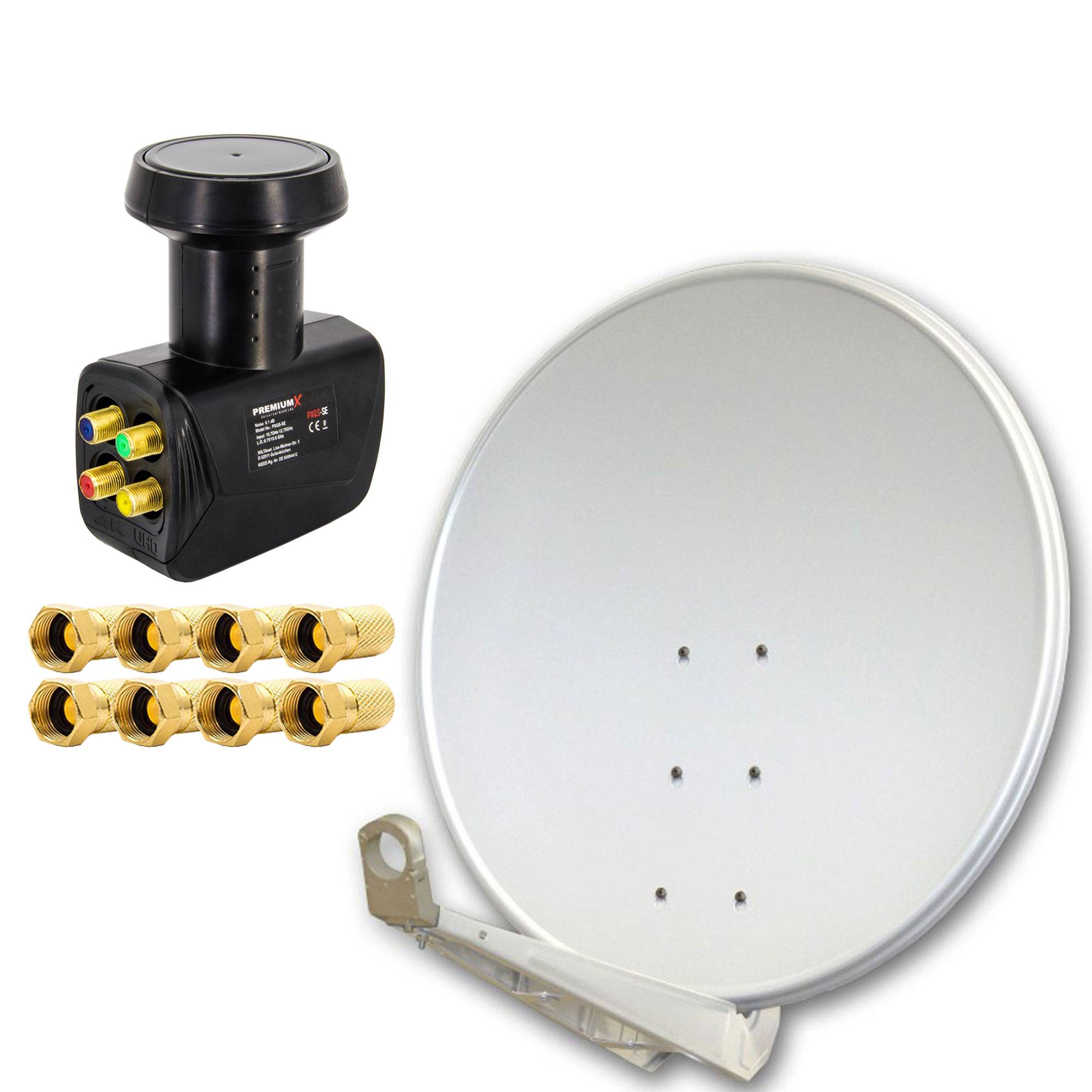 PremiumX DELUXE100 cm Hellgrau Sat Schüssel Satelliten Antenne Spiegel Alu mit einem Quad LNB 4 Teilnehmer für den Direktanschluss mit F-Stecker