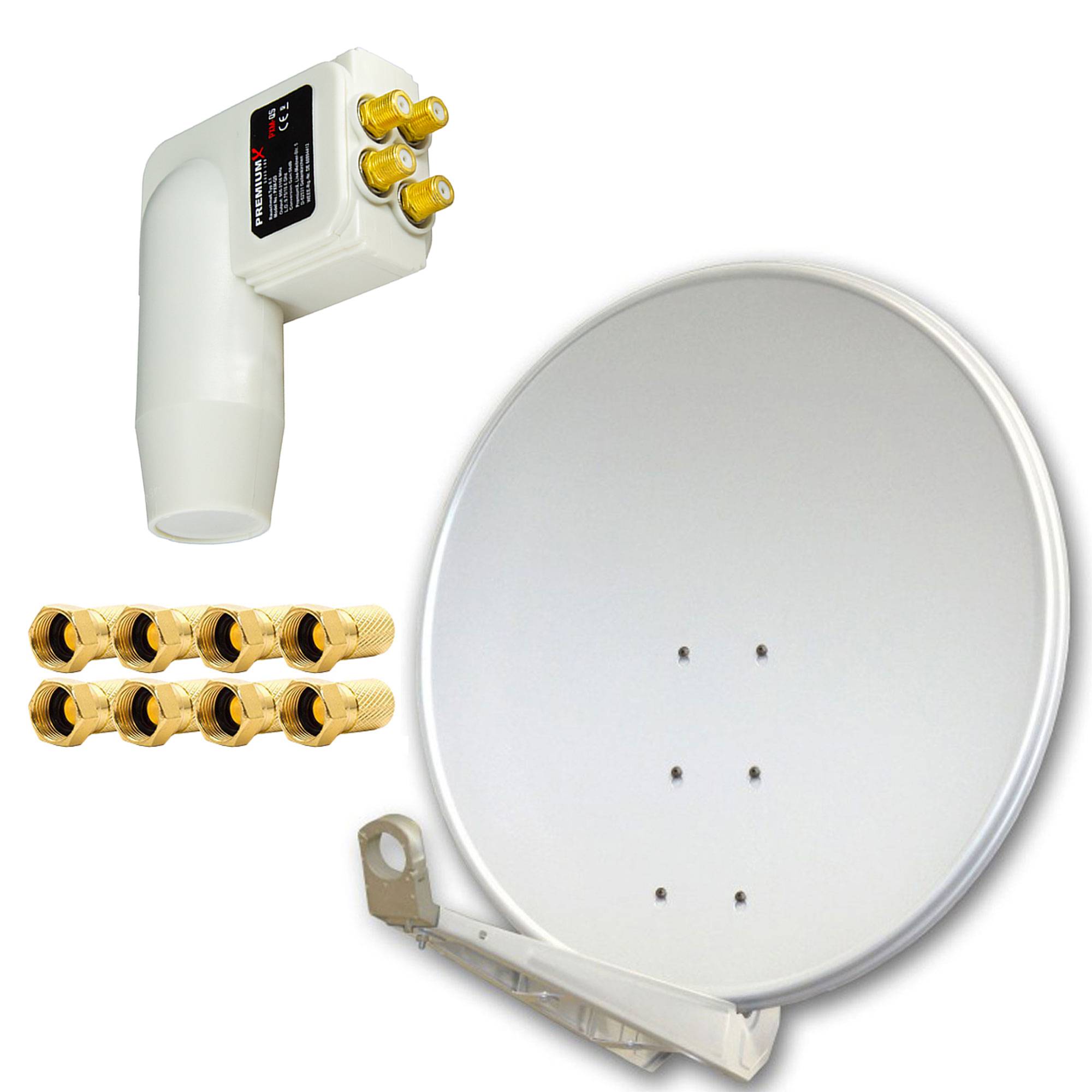 PremiumX DELUXE SAT Anlage für 4 Teilnehmer 100cm Satellitenantenne ALU Hellgrau mit Quad LNB inkl. 8x F-Stecker
