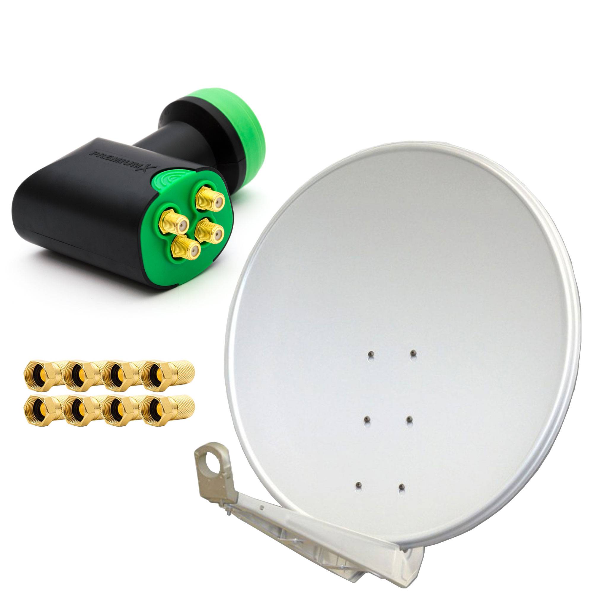 PremiumX DELUXE SAT Anlage für 4 Empfänger 100cm Satellitenantenne ALU Hellgrau mit Green Diamond Quad LNB inkl. 8x F-Stecker