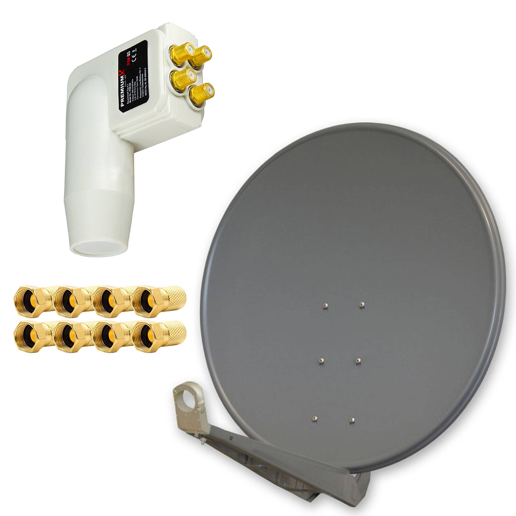 PremiumX DELUXE SAT Anlage für 4 Teilnehmer 100cm Satellitenantenne ALU Anthrazit mit Quad LNB inkl. 8x F-Stecker