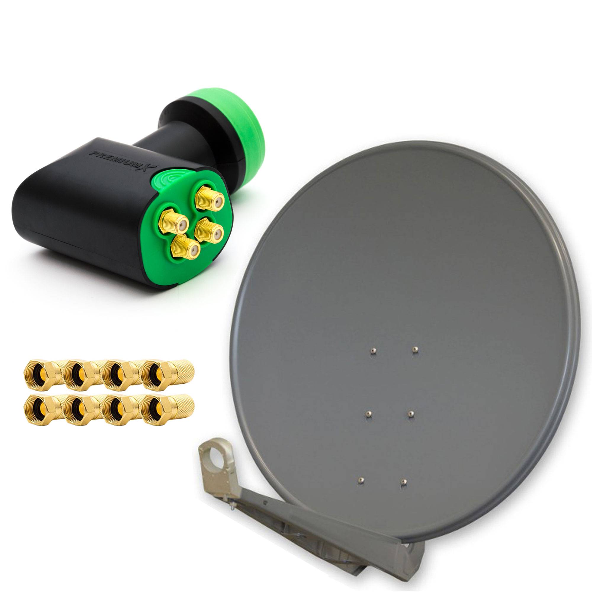 PremiumX DELUXE SAT Anlage für 4 Empfänger 100cm Satellitenantenne ALU Anthrazit mit Green Diamond Quad LNB inkl. 8x F-Stecker