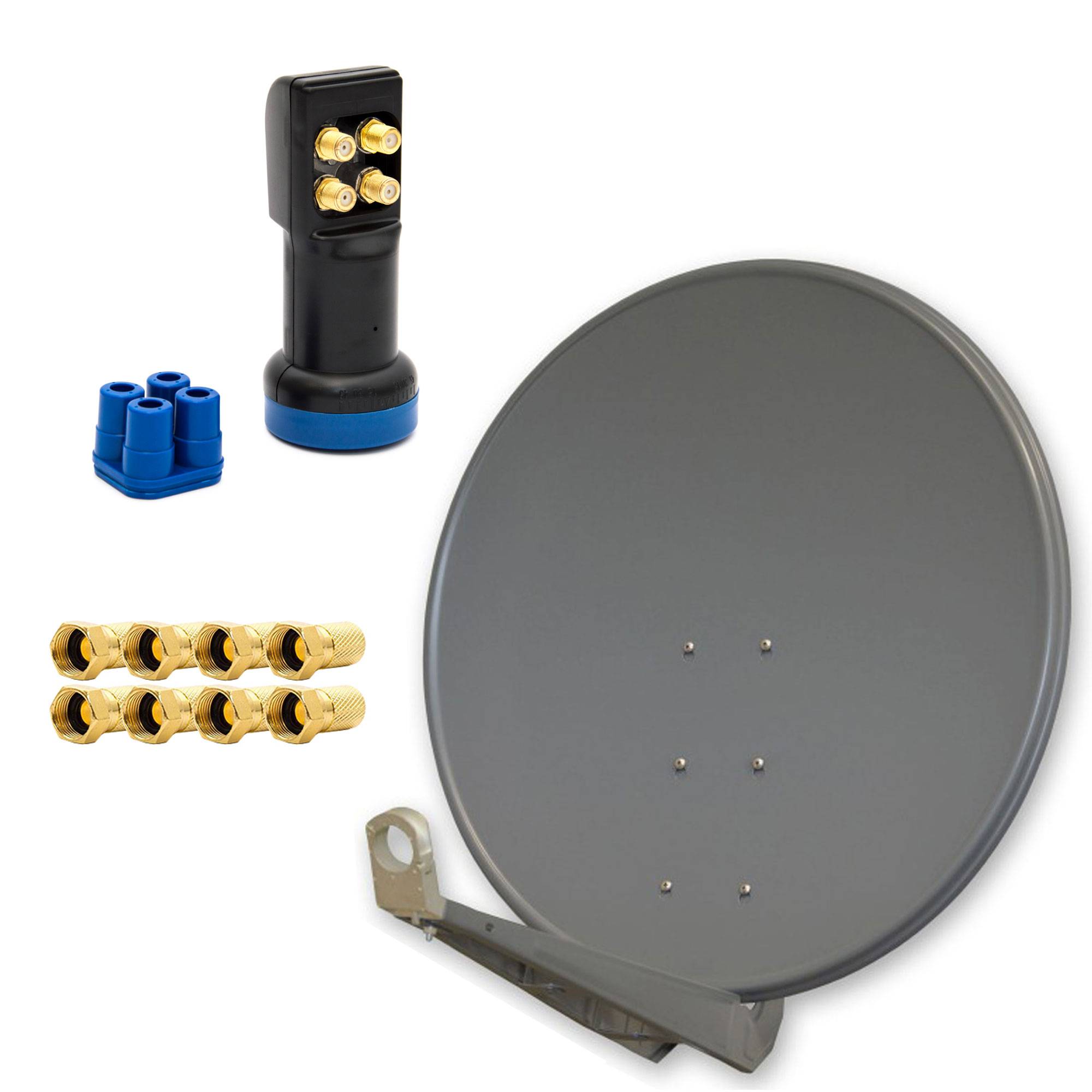 PremiumX DELUXE SAT Anlage bis 4 TV Receiver 100cm Satellitenantenne Aluminium Anthrazit mit LED Quad LNB inkl. 8x F-Stecker