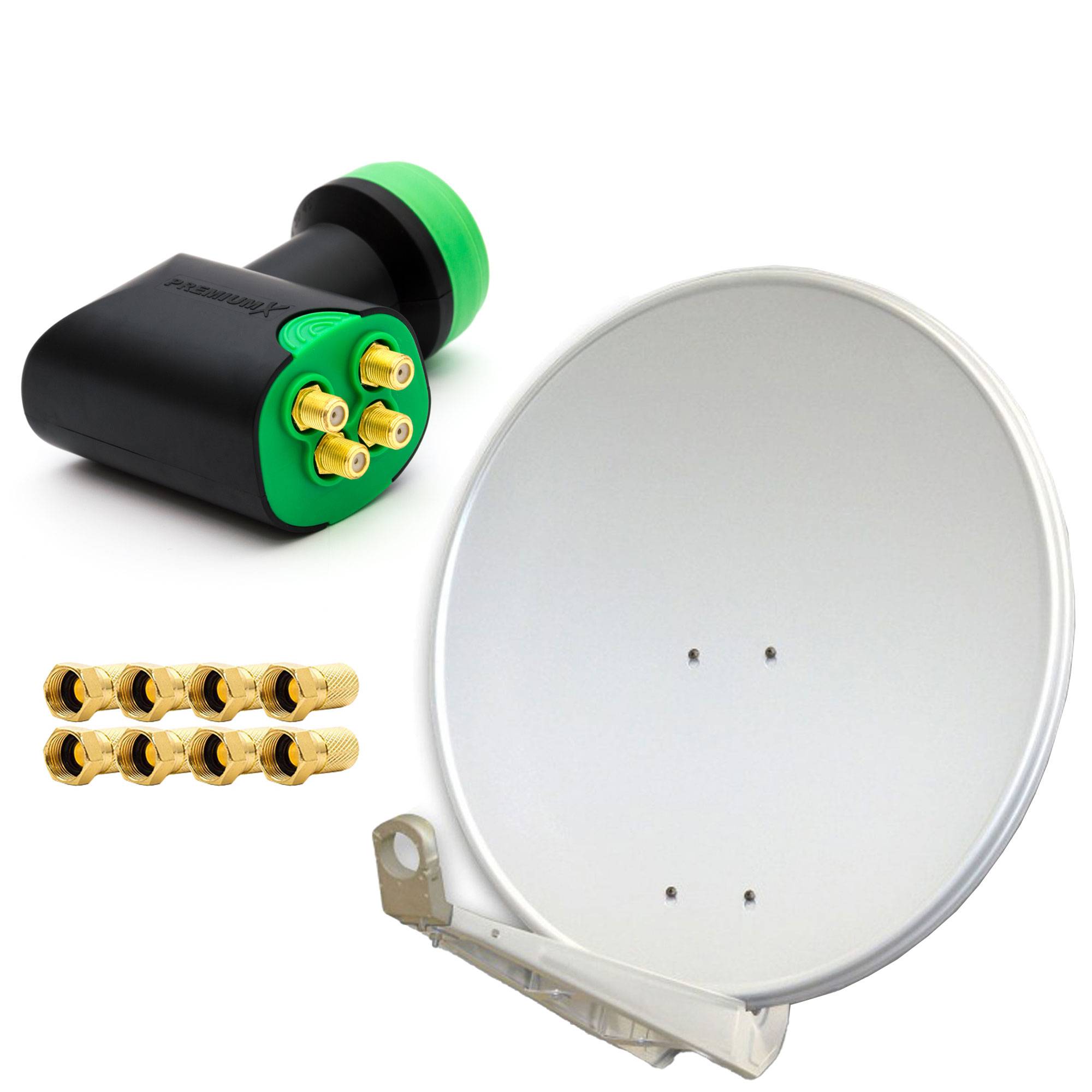 PremiumX DELUXE SAT Anlage für 4 Empfänger 85cm Satellitenantenne ALU Hellgrau mit Green Diamond Quad LNB inkl. 8x F-Stecker